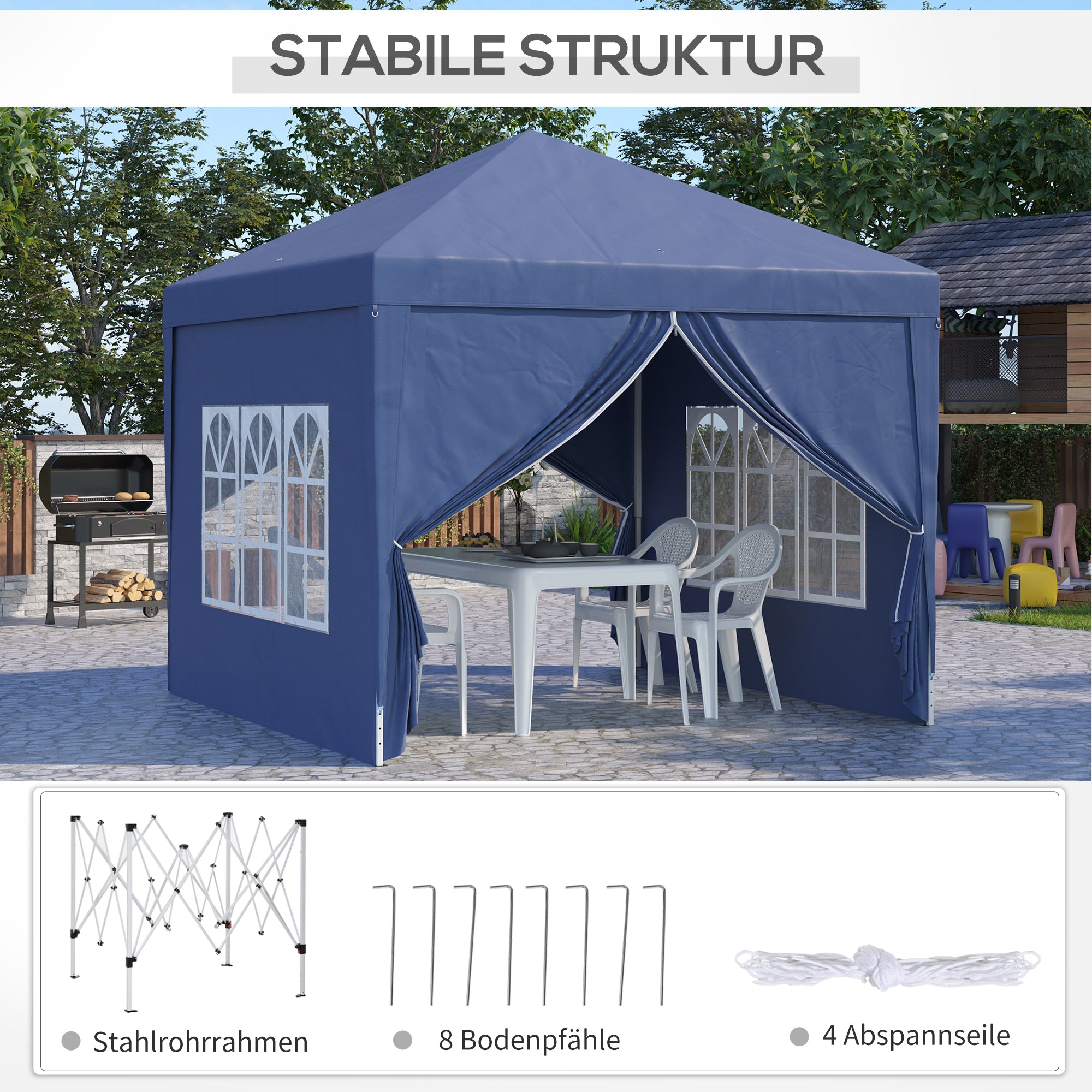Pavilion approx. 3x3m, Water-Resistant Stable Winterproof Pop-up Folding Pavilion, UV Protection 50+, Foldable Party Tent Garden Tent with 4 Sidewalls Pocket Garden Pavilion for Camping Garden, Blue