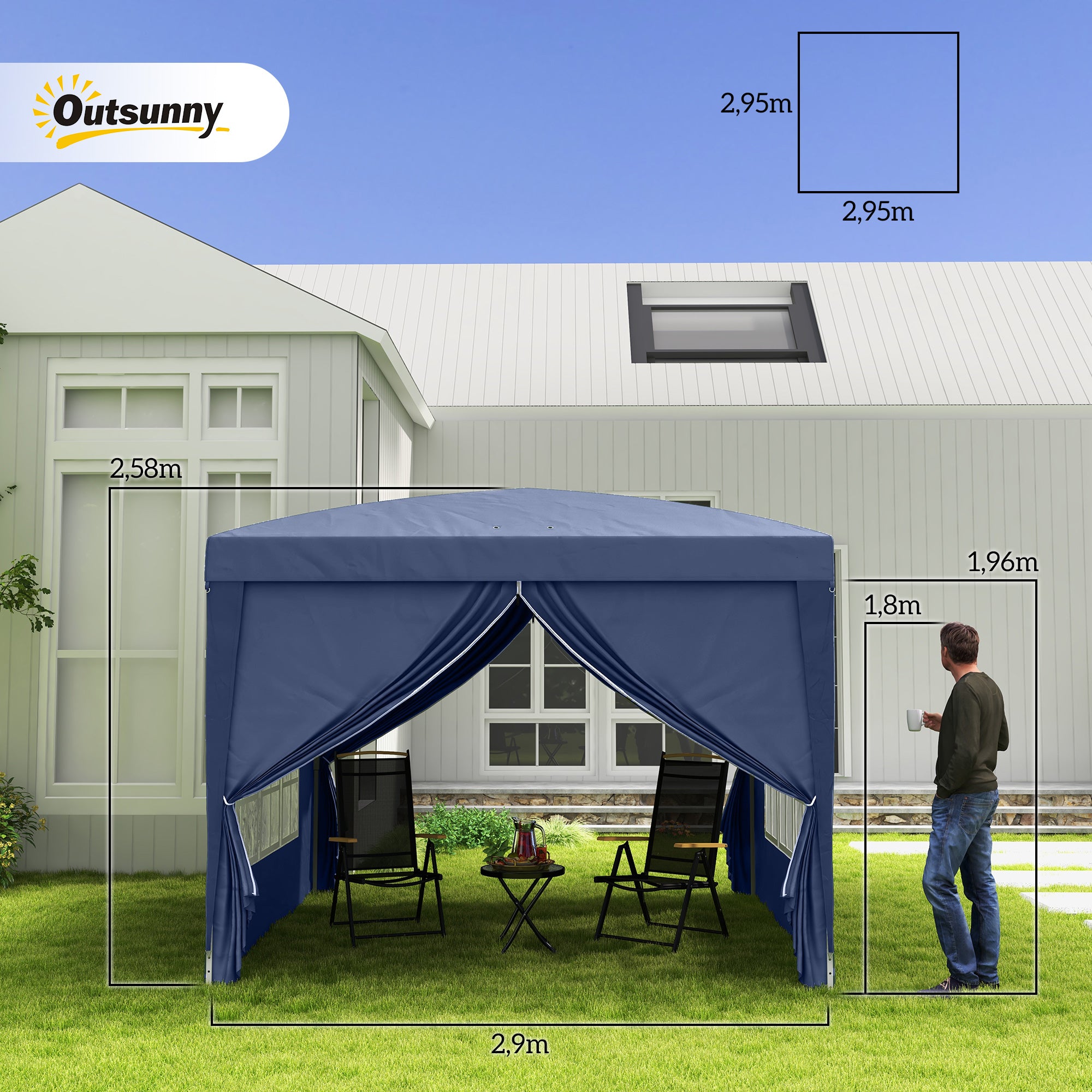 Pavilion approx. 3x3m, Water-Resistant Stable Winterproof Pop-up Folding Pavilion, UV Protection 50+, Foldable Party Tent Garden Tent with 4 Sidewalls Pocket Garden Pavilion for Camping Garden, Blue