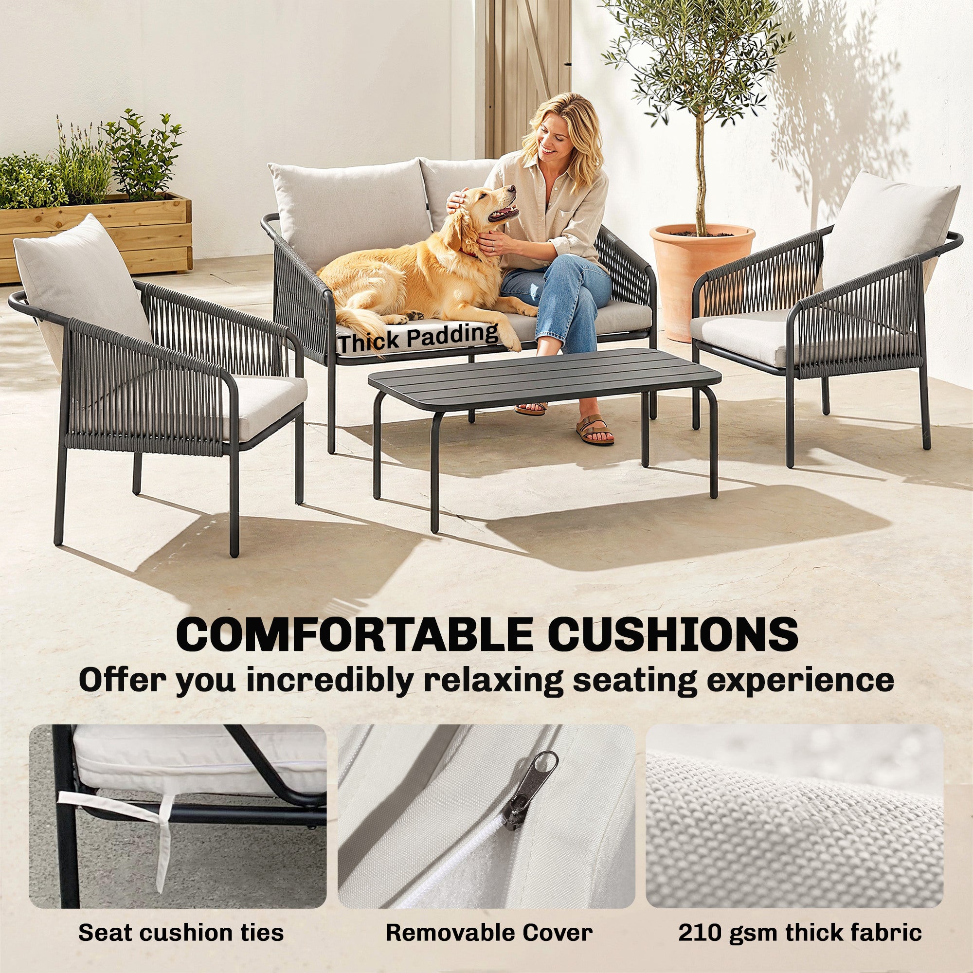 4-Piece Polyrattan Outdoor Lounge Set – 2-Seater Sofa, 2 Armchairs & Coffee Table with Removable Cushions, Steel Frame – Khaki