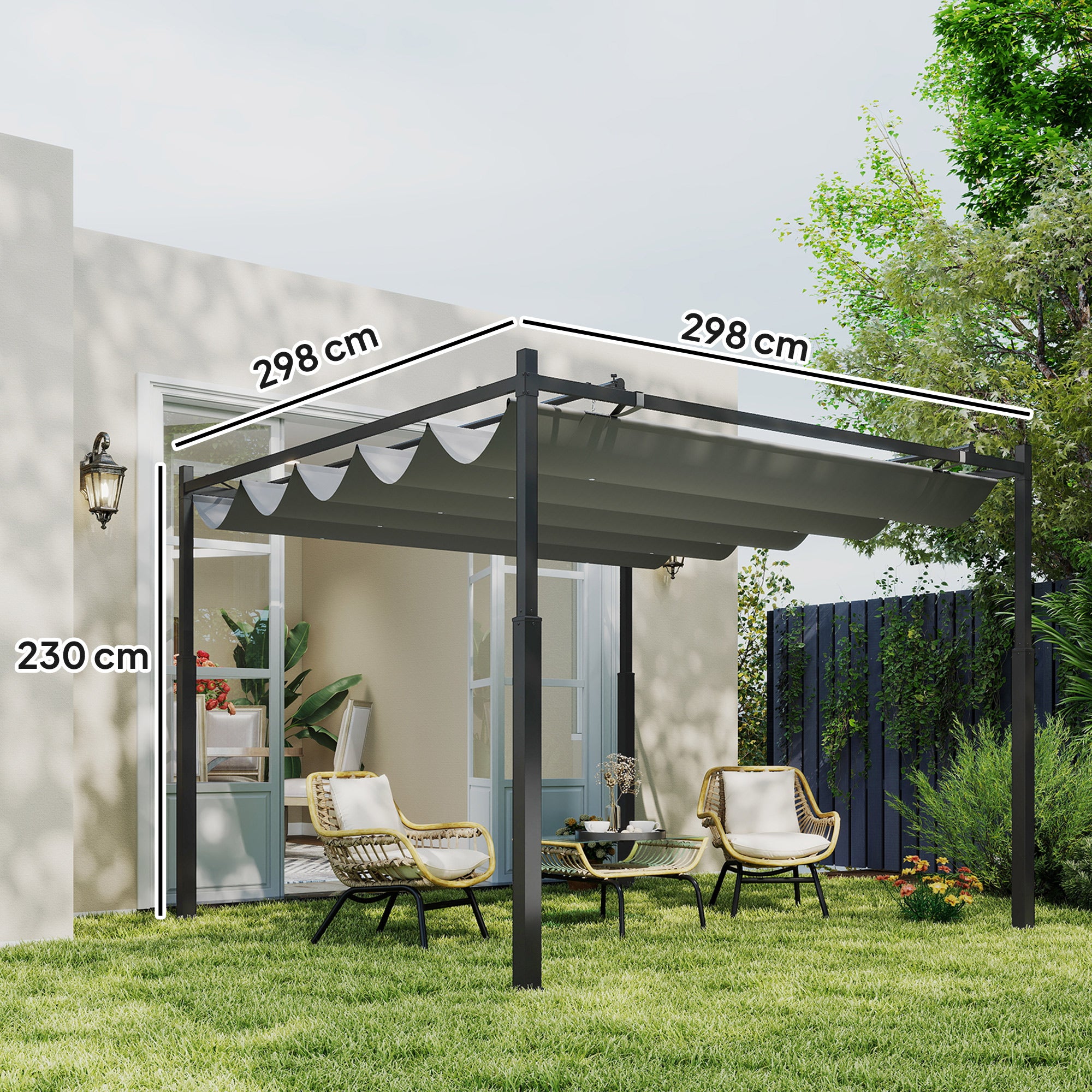 Retractable Pergola 3 x 3 m (approx. 9'9" x 9'9") – 180 gsm Polyester, UPF30+, Magnetic Fixing, Gray