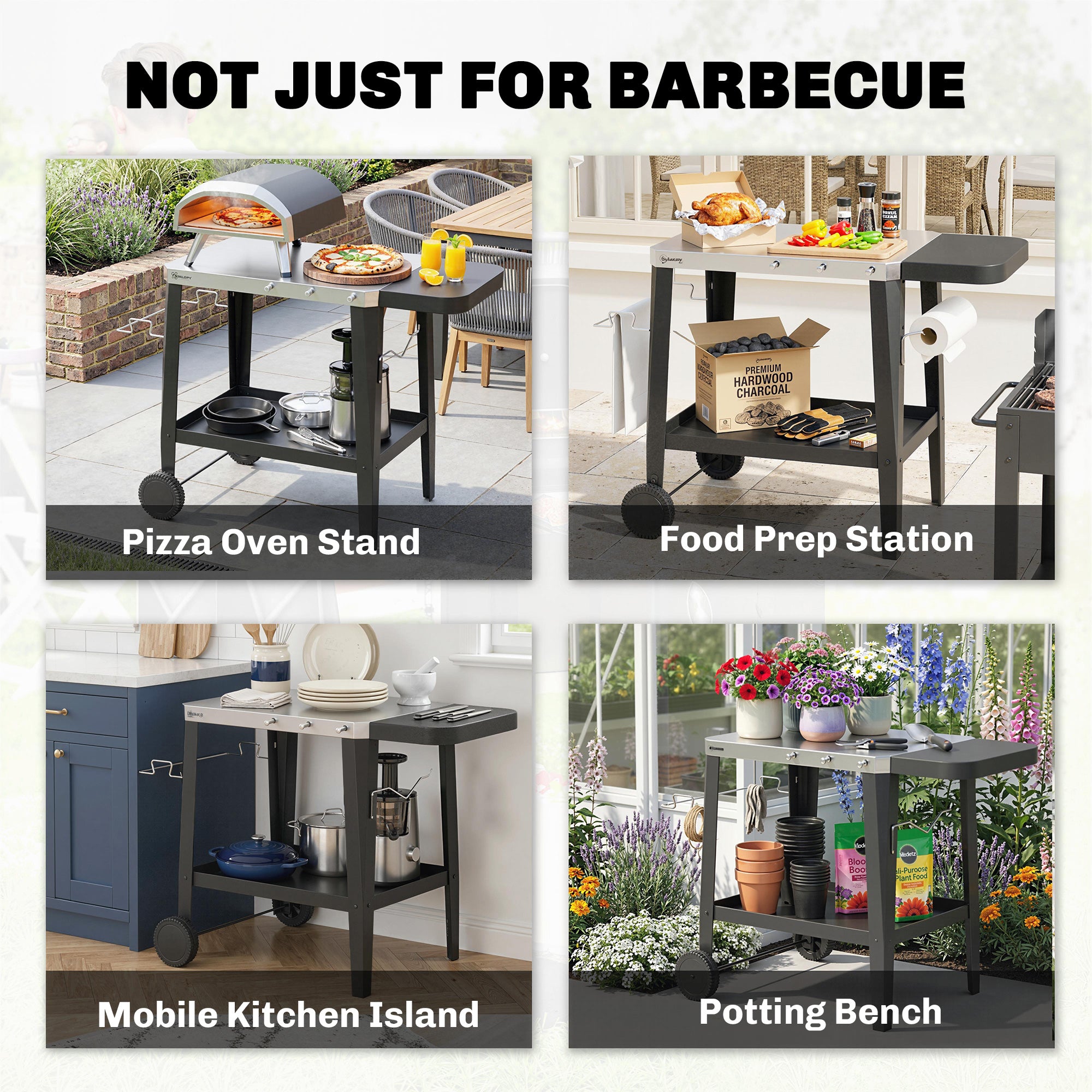 Stainless Steel Kitchen & BBQ Cart with Wheels, Foldable Side Table, Paper Towel & Towel Holder, Hooks — Black (45.3" x 26.6" x 31.7")