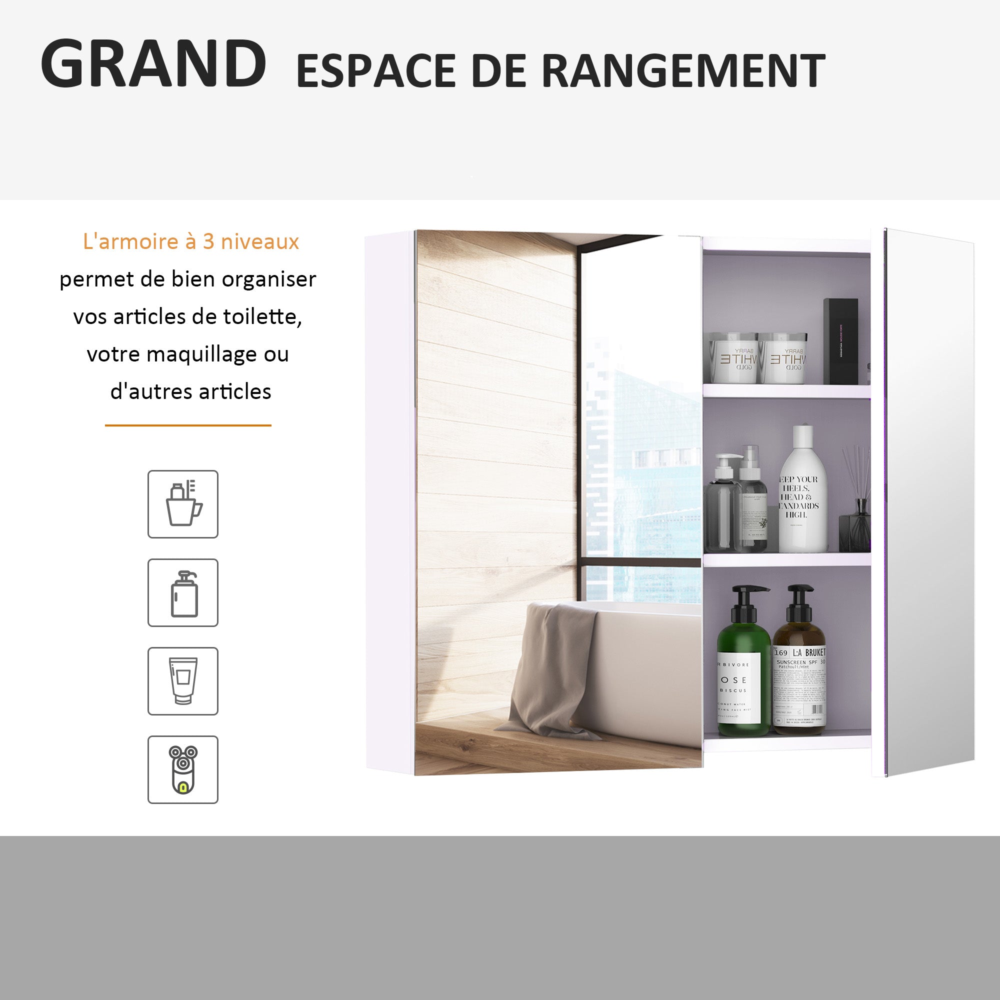Wall-mounted bathroom cabinet with mirror, 70 x 60 cm, bathroom furniture, medicine cabinet with adjustable shelf, white