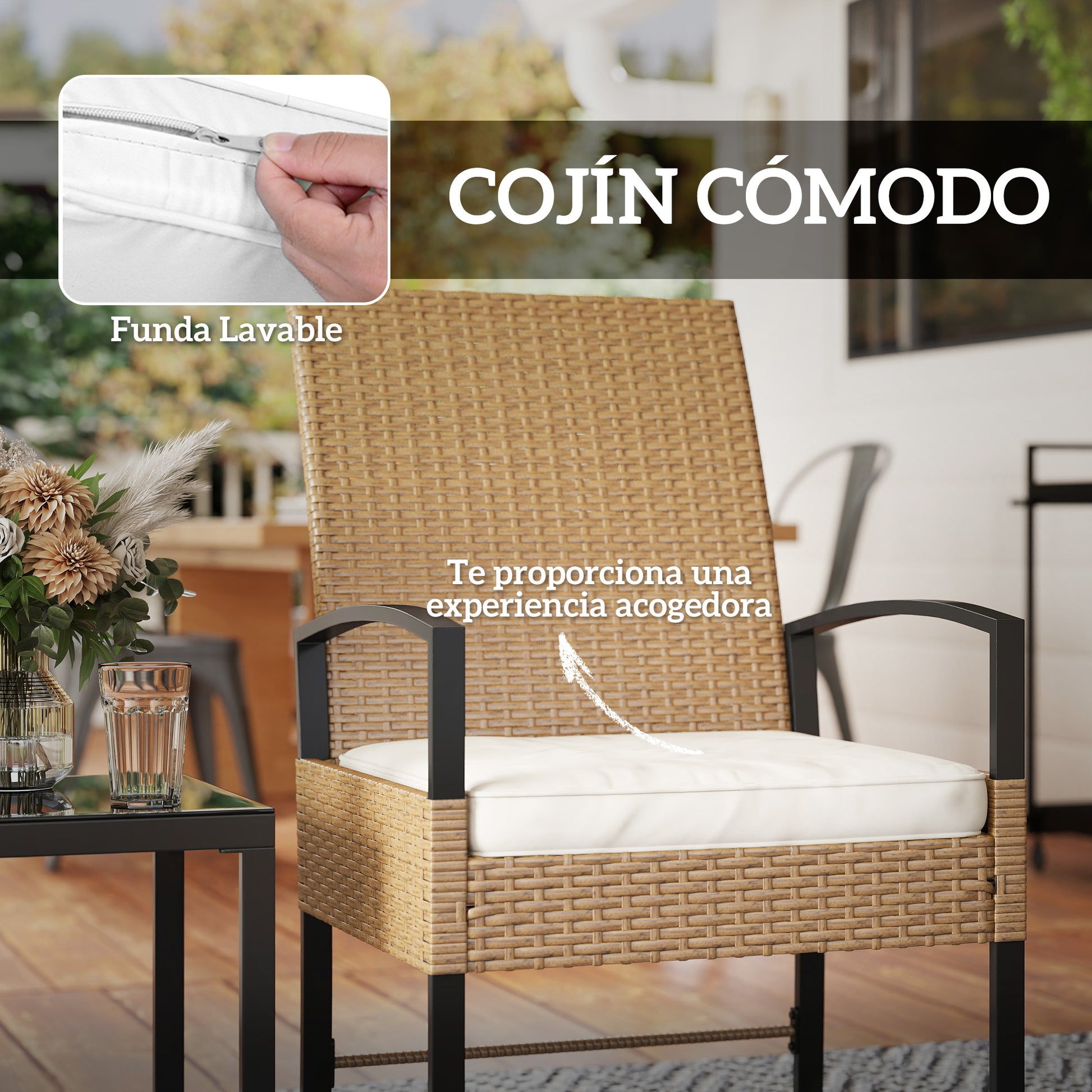 3-Piece Outdoor Garden Set with Adjustable Backrest, Set of 2 Chairs and Rattan Table with Padded Cushions and Tempered Glass Top for Balcony Terrace Beige and White