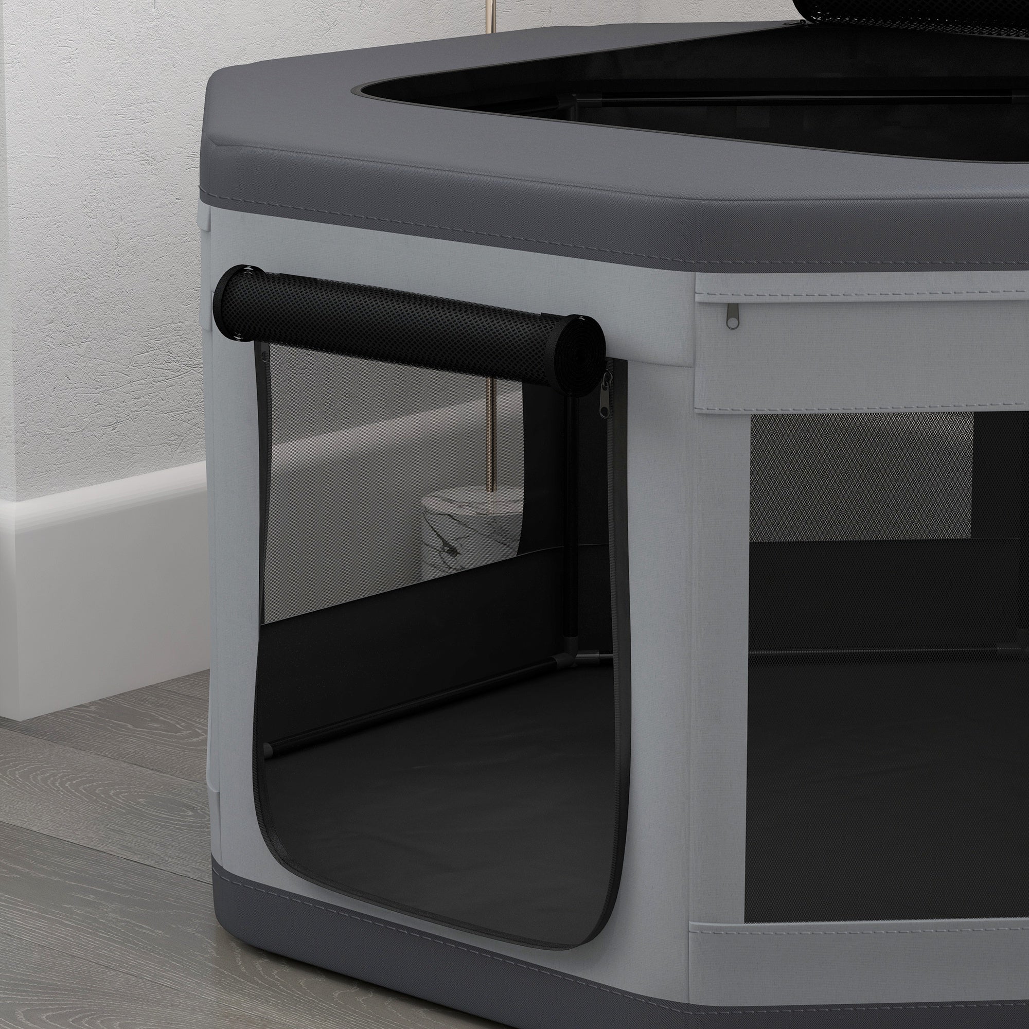 Puppy Playpen Puppy Playpen with Carrying Bag, Octagonal Pet Playpen with Mesh Window, for Small Animals, Oxford, Grey