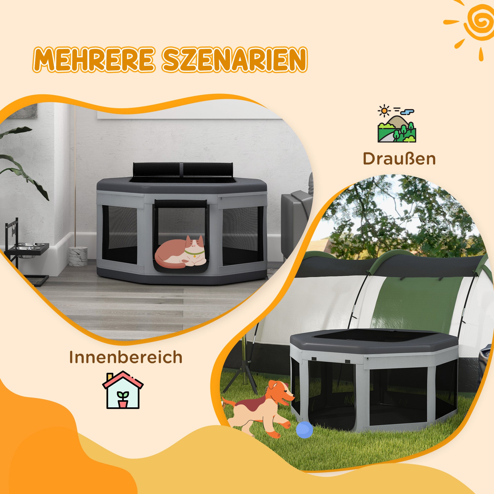 Puppy Playpen Puppy Playpen with Carrying Bag, Octagonal Pet Playpen with Mesh Window, for Small Animals, Oxford, Grey