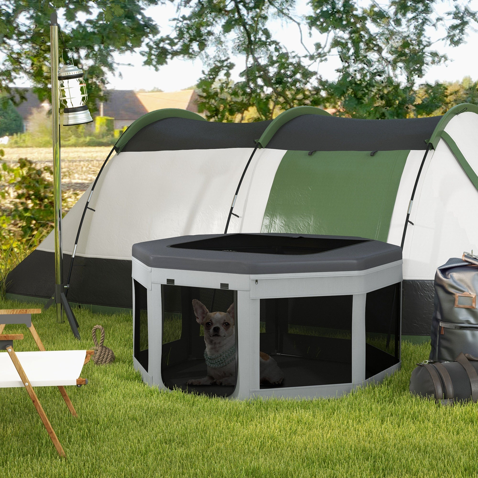 Puppy Playpen Puppy Playpen with Carrying Bag, Octagonal Pet Playpen with Mesh Window, for Small Animals, Oxford, Grey