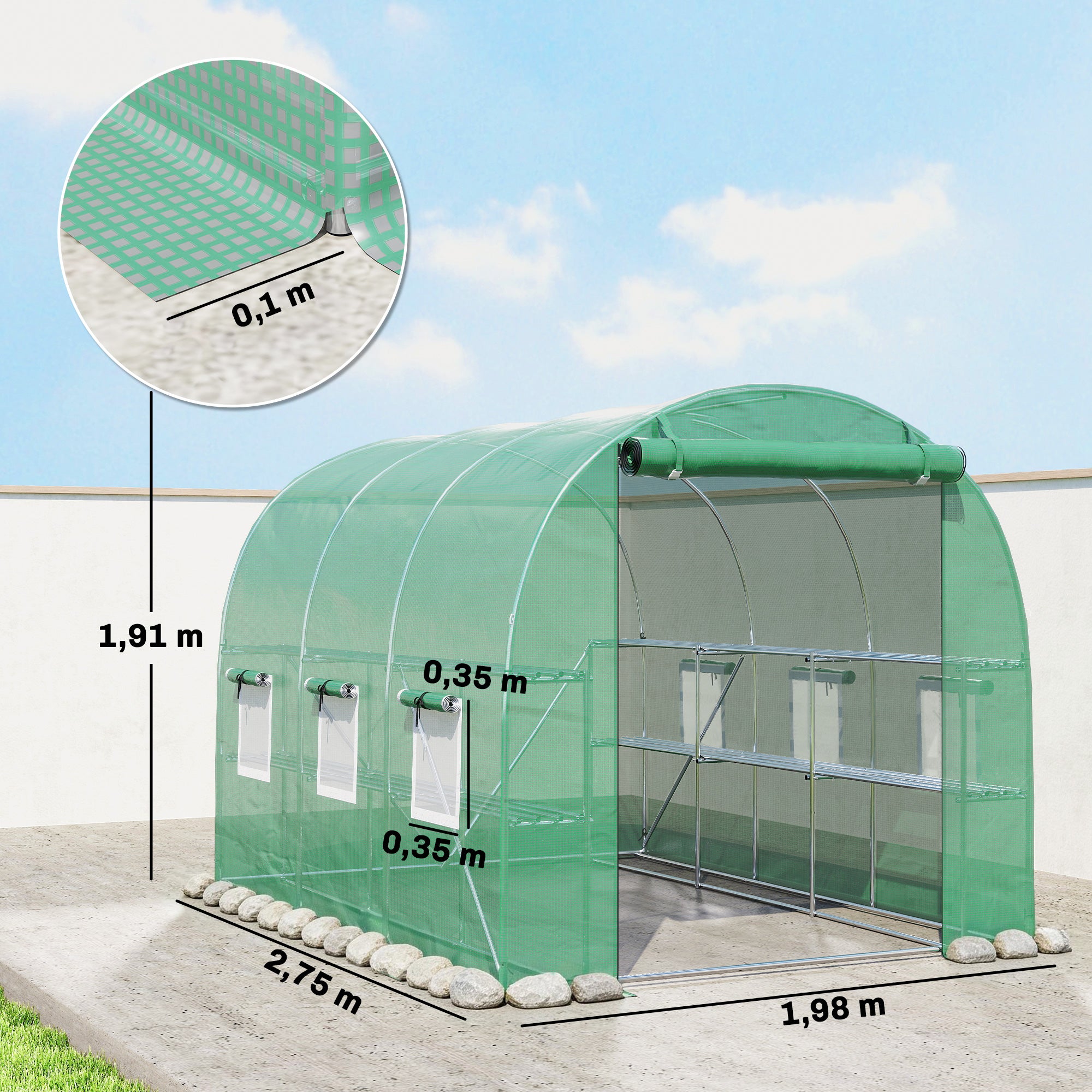 Outdoor Tunnel Greenhouse 6.5' x 9' x 6.3' with Shelves — Roll-Up Door, 6 Mesh Windows, UV PE Cover, Galvanized Steel Frame, Waterproof, Green