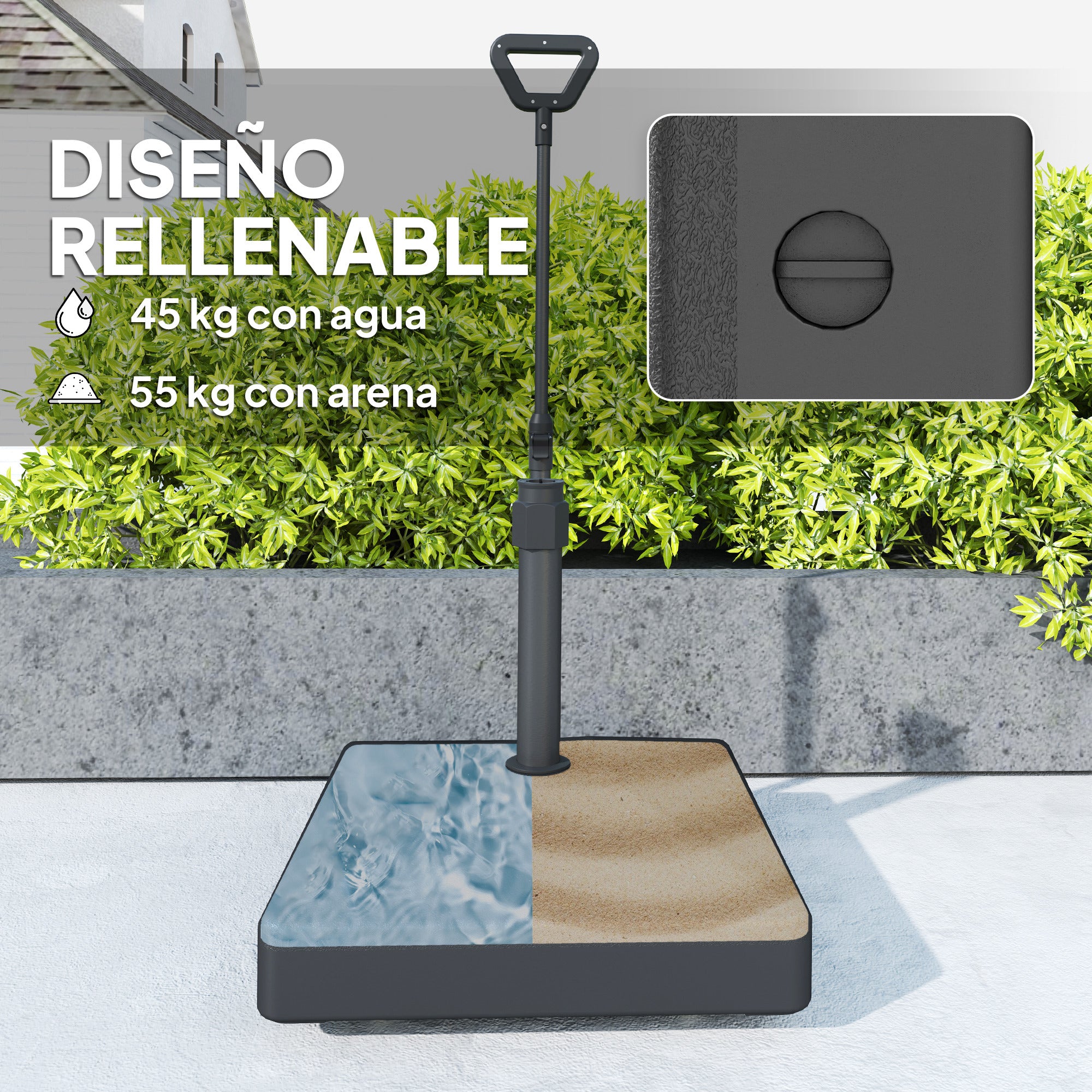 Square Umbrella Base with Wheels Parasol Stand with Adjustable Handle Fillable with 45L Water or 55kg Sand for Garden Terrace Black