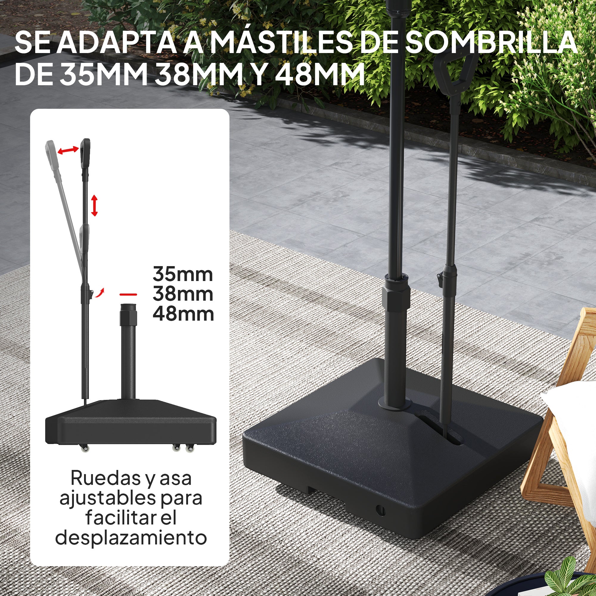 Square Umbrella Base with Wheels Parasol Stand with Adjustable Handle Fillable with 45L Water or 55kg Sand for Garden Terrace Black