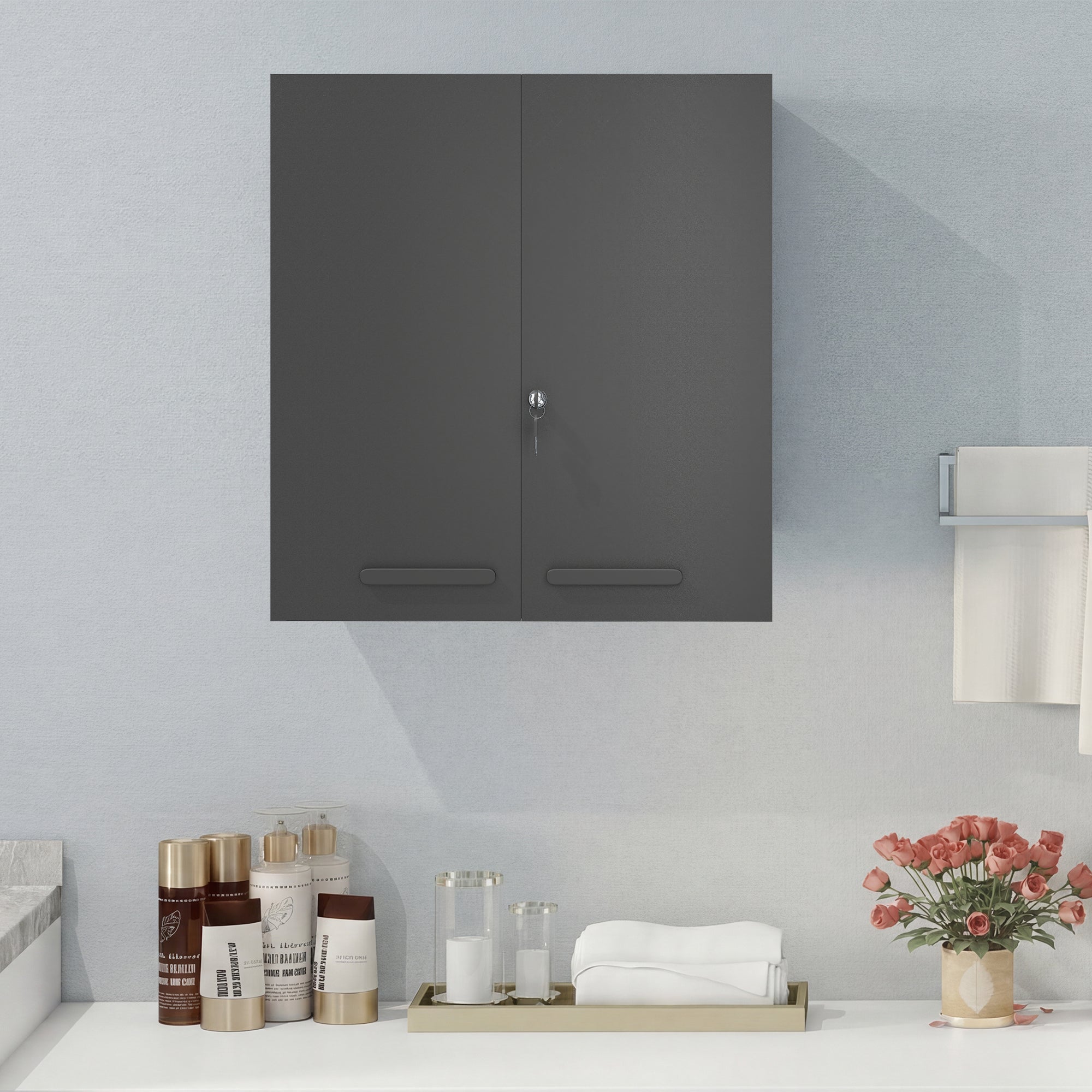 Lockable Medicine Cabinet, 2-Door, 6-Shelf Steel First Aid Cabinet, 21.7 x 7.1 x 23.6 in, Anthracite Black