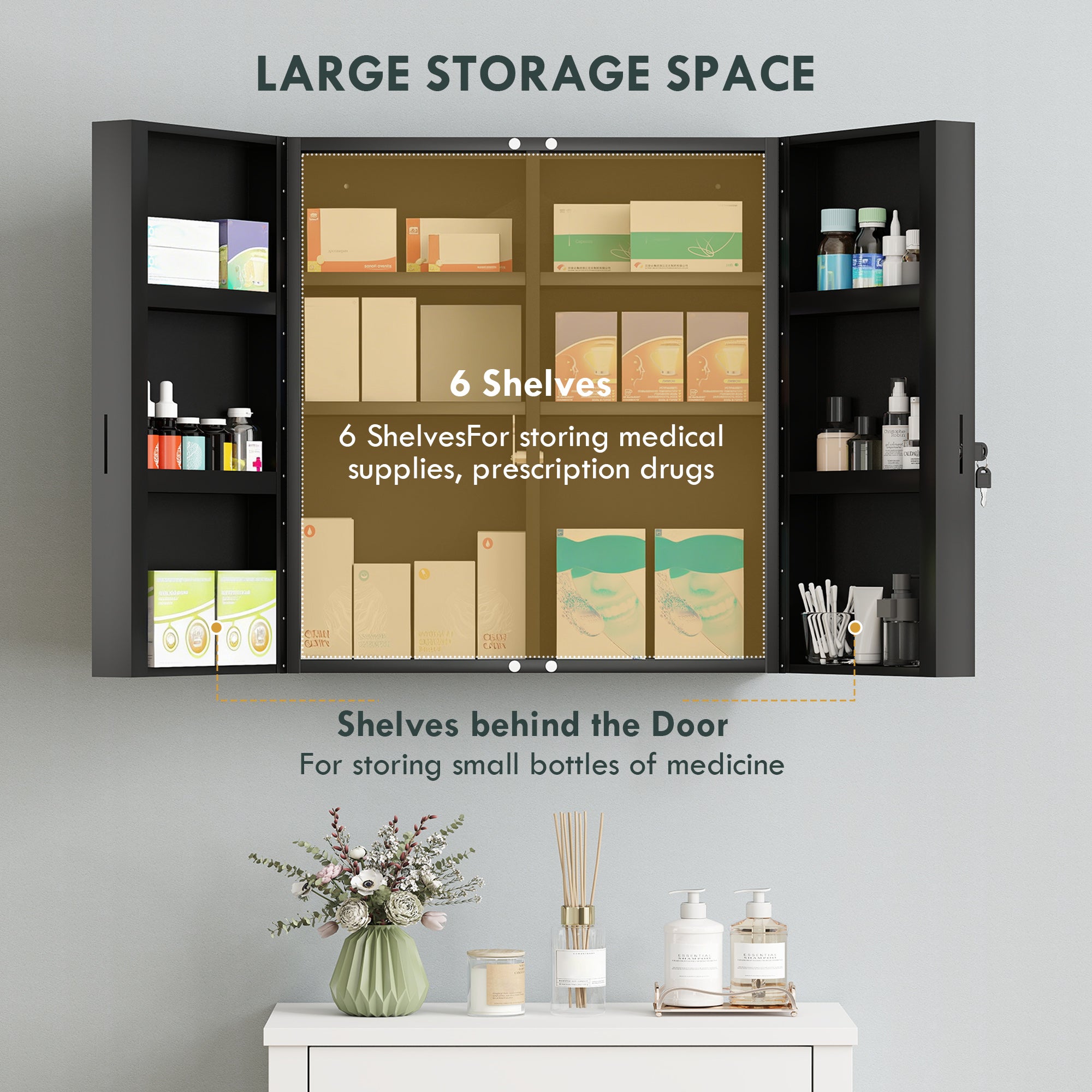 Lockable Medicine Cabinet, 2-Door, 6-Shelf Steel First Aid Cabinet, 21.7 x 7.1 x 23.6 in, Anthracite Black