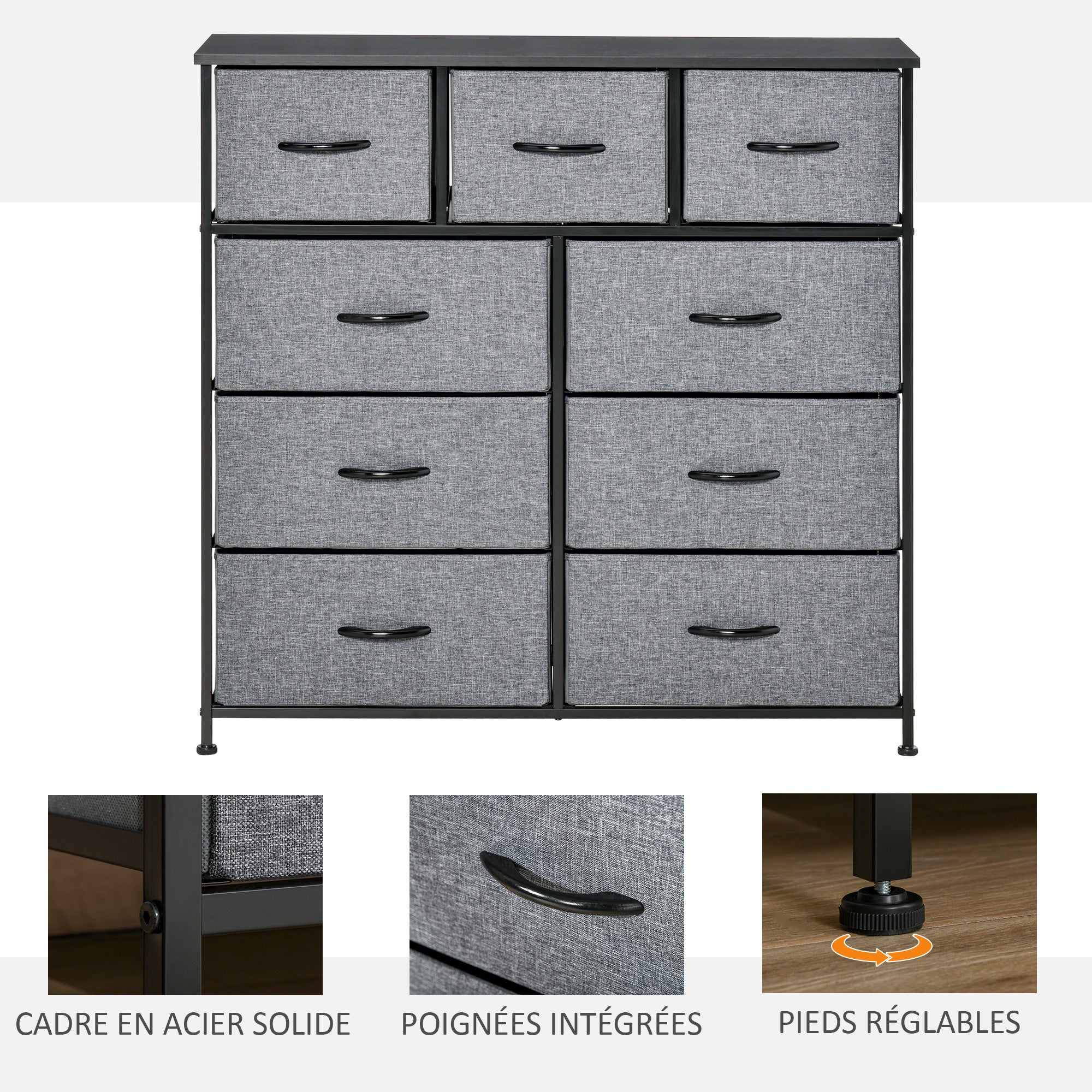 9-Drawer Chest Storage Organizer Fabric Folding Drawer - Black Steel Frame - 100 x 30 x 100 cm, Bedroom, Entryway, Living Room, Black and Gray