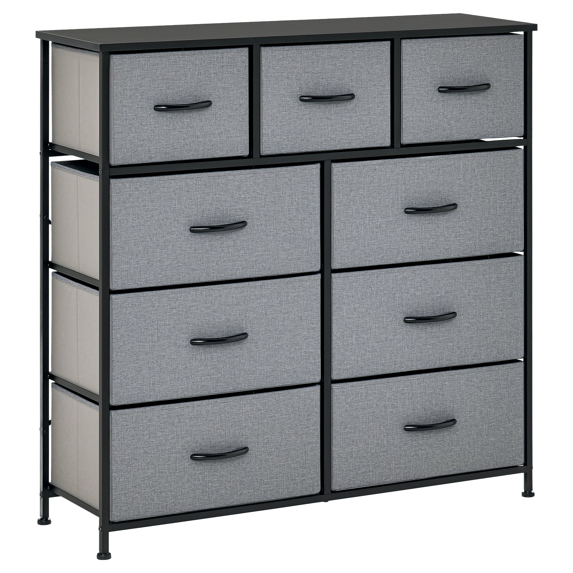 9-Drawer Chest Storage Organizer Fabric Folding Drawer - Black Steel Frame - 100 x 30 x 100 cm, Bedroom, Entryway, Living Room, Black and Gray