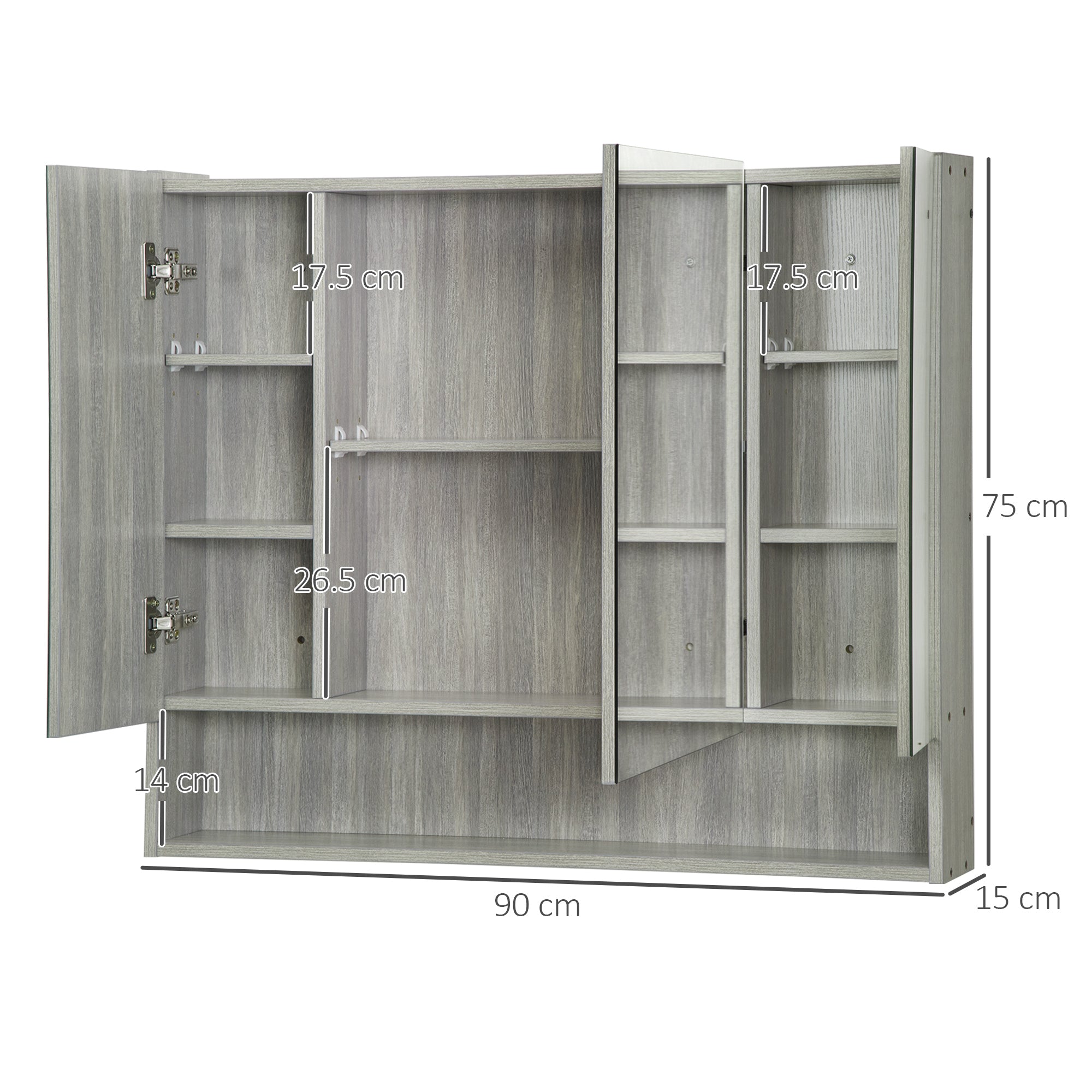 Mirror Cabinet with 4 Sections and Adjustable Shelves, Bathroom Mirror in Wood and Glass, 90x15x75 cm, Gray