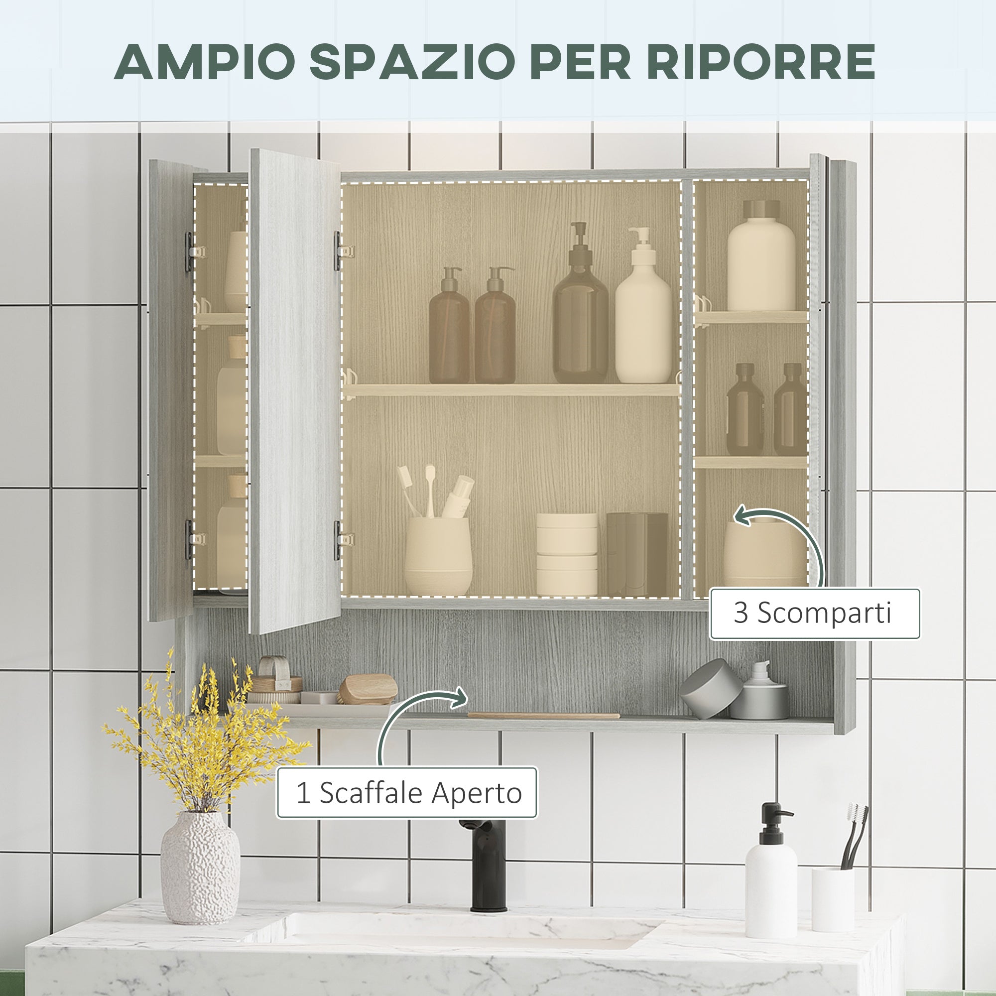 Mirror Cabinet with 4 Sections and Adjustable Shelves, Bathroom Mirror in Wood and Glass, 90x15x75 cm, Gray