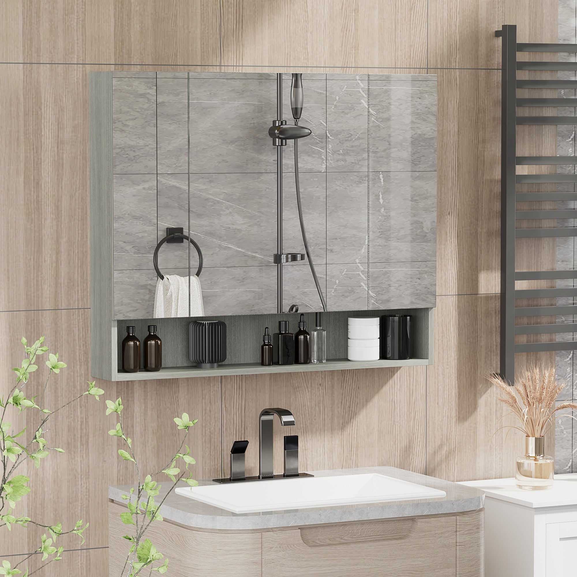 Mirror Cabinet with 4 Sections and Adjustable Shelves, Bathroom Mirror in Wood and Glass, 90x15x75 cm, Gray