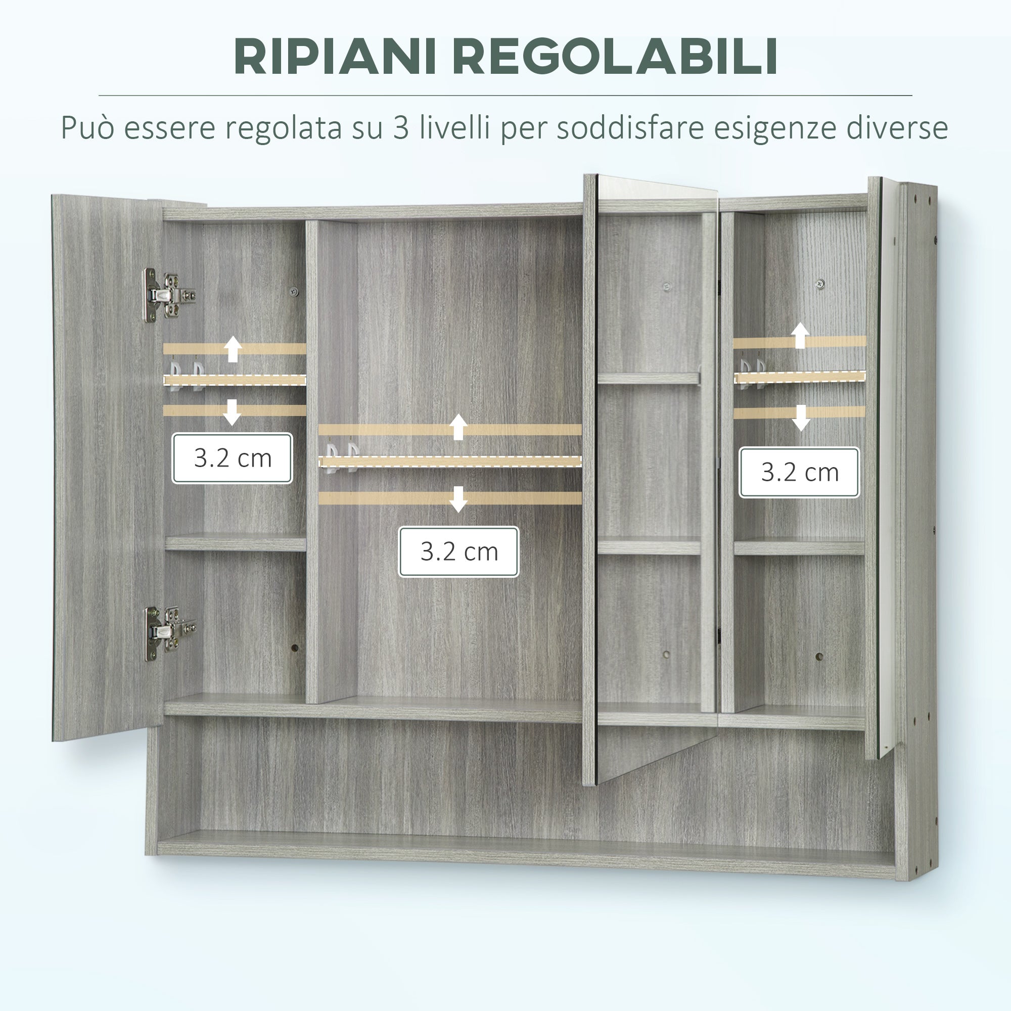Mirror Cabinet with 4 Sections and Adjustable Shelves, Bathroom Mirror in Wood and Glass, 90x15x75 cm, Gray