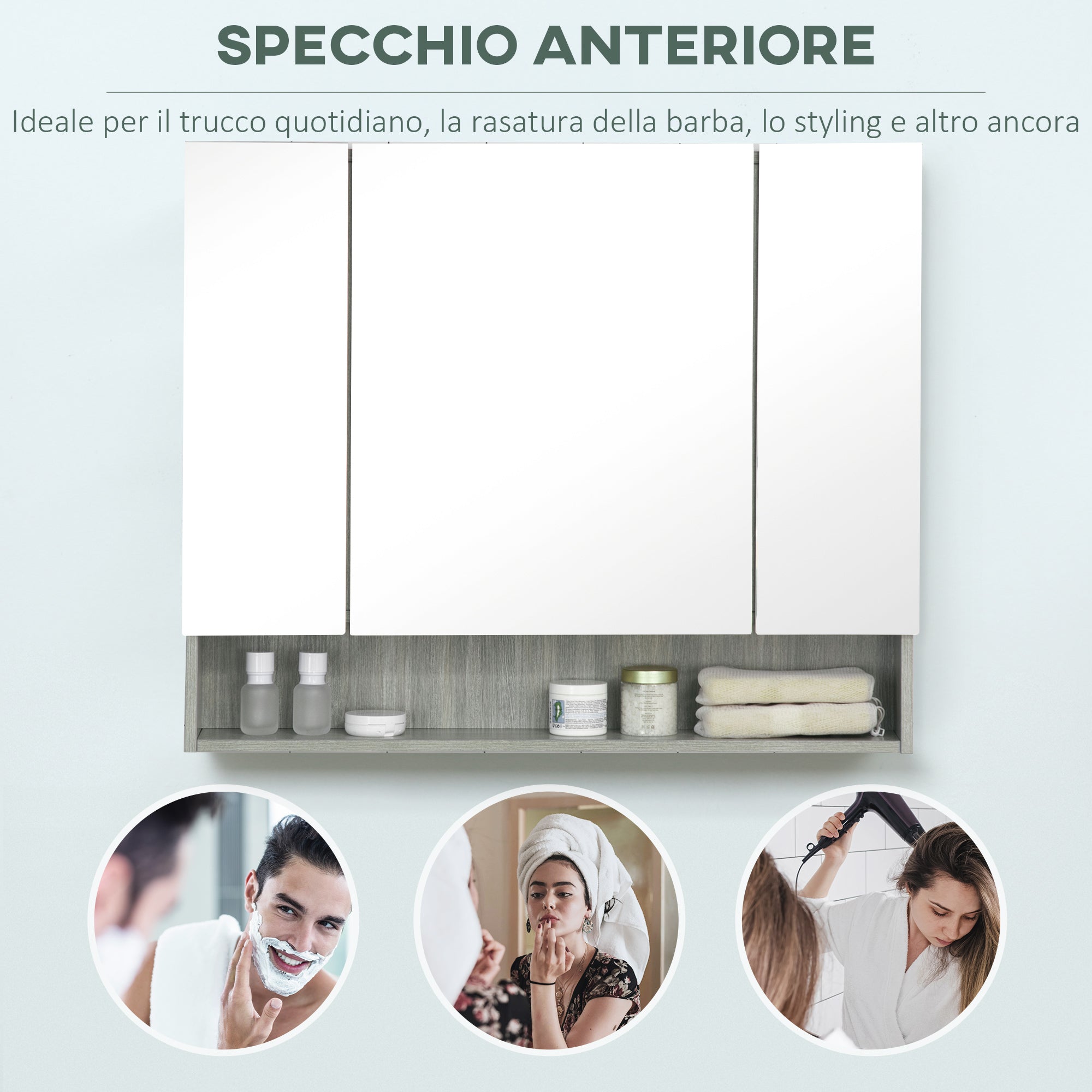 Mirror Cabinet with 4 Sections and Adjustable Shelves, Bathroom Mirror in Wood and Glass, 90x15x75 cm, Gray