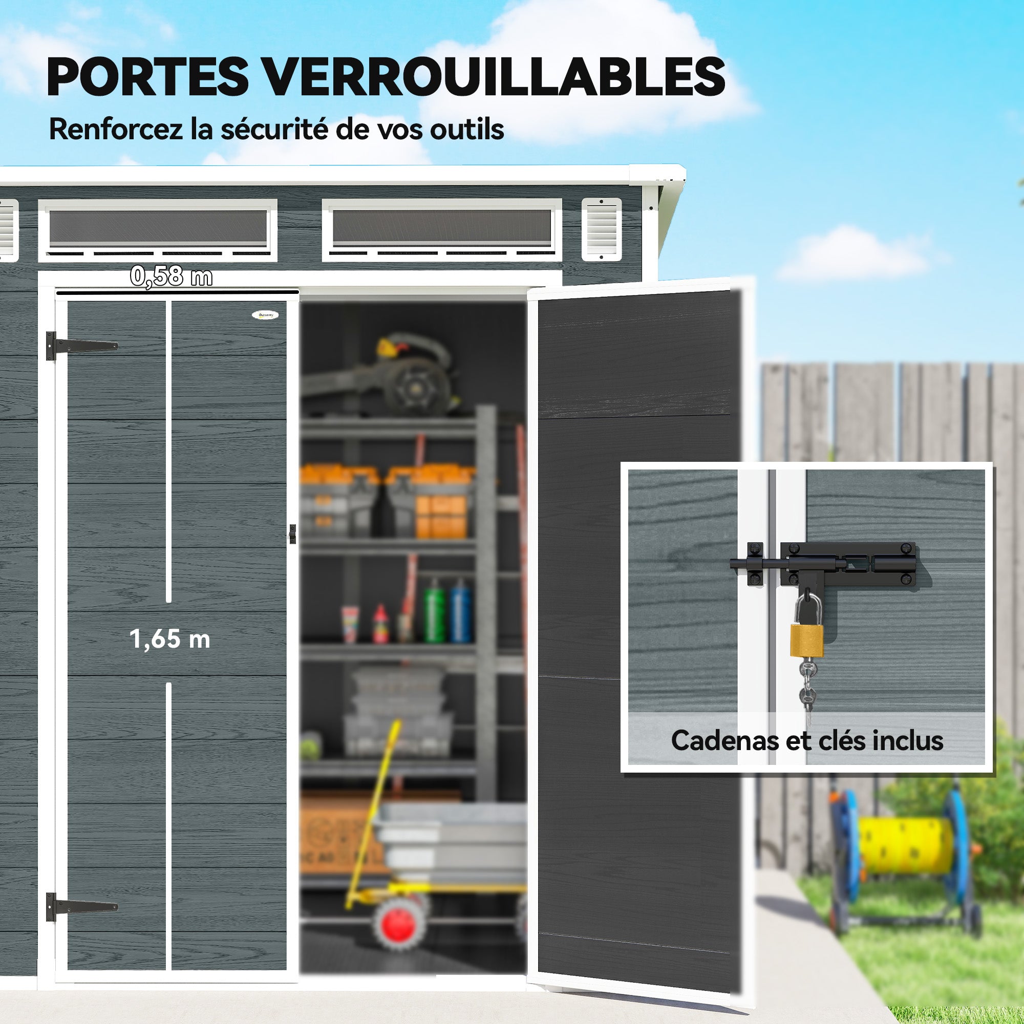 6 x 6 ft Wood-Effect Plastic Garden Shed with Floor, Three Windows, Lockable Doors & Vents, Gray