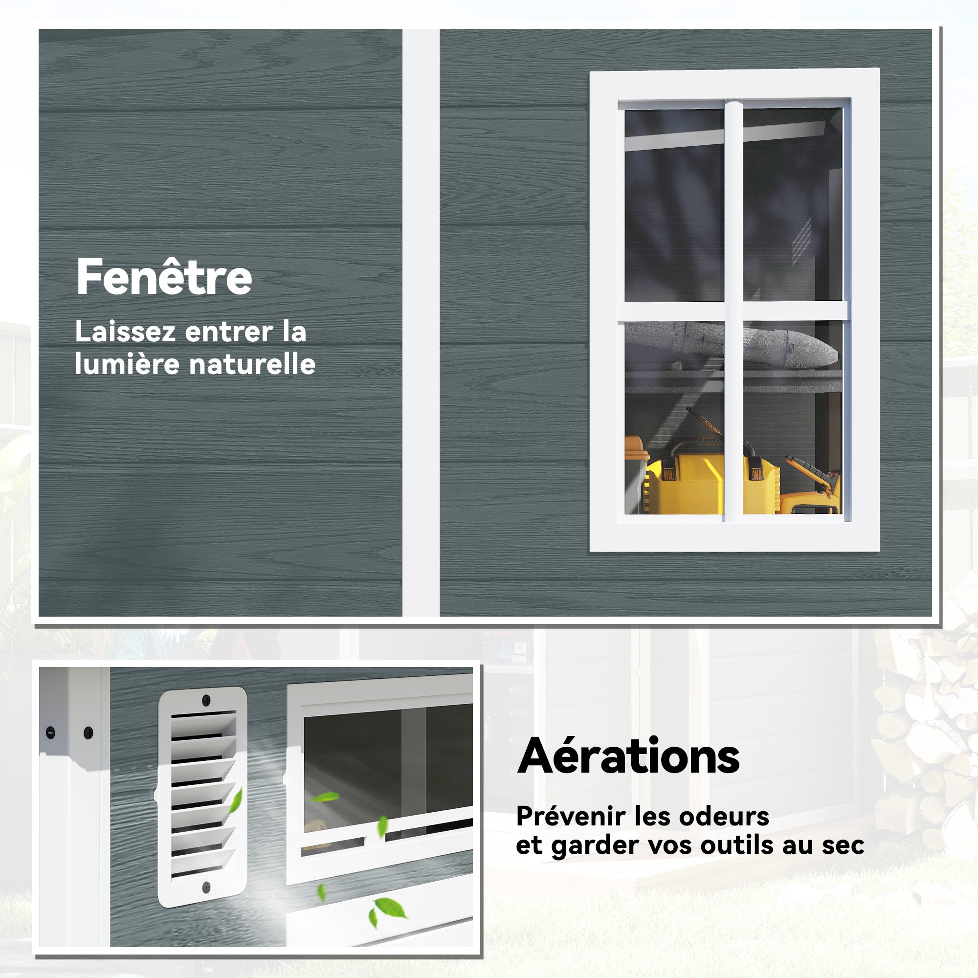 6 x 6 ft Wood-Effect Plastic Garden Shed with Floor, Three Windows, Lockable Doors & Vents, Gray