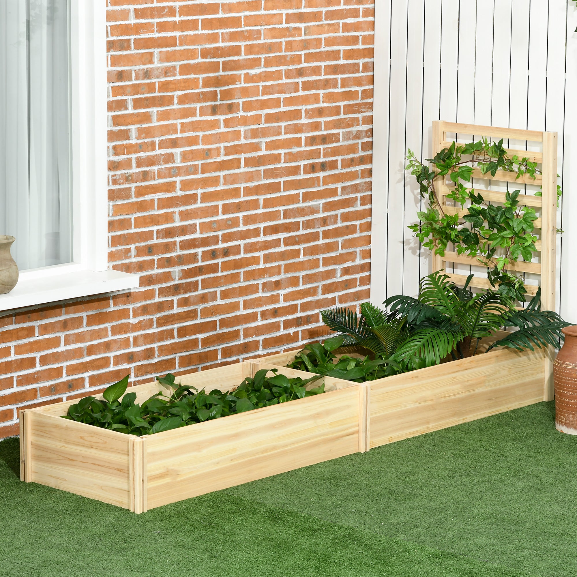 Large Outdoor Wooden Planter with Trellis for Climbing Plants and 2 Raised Planting Boxes for Patio Terrace Balcony 230x60x110 cm Natural