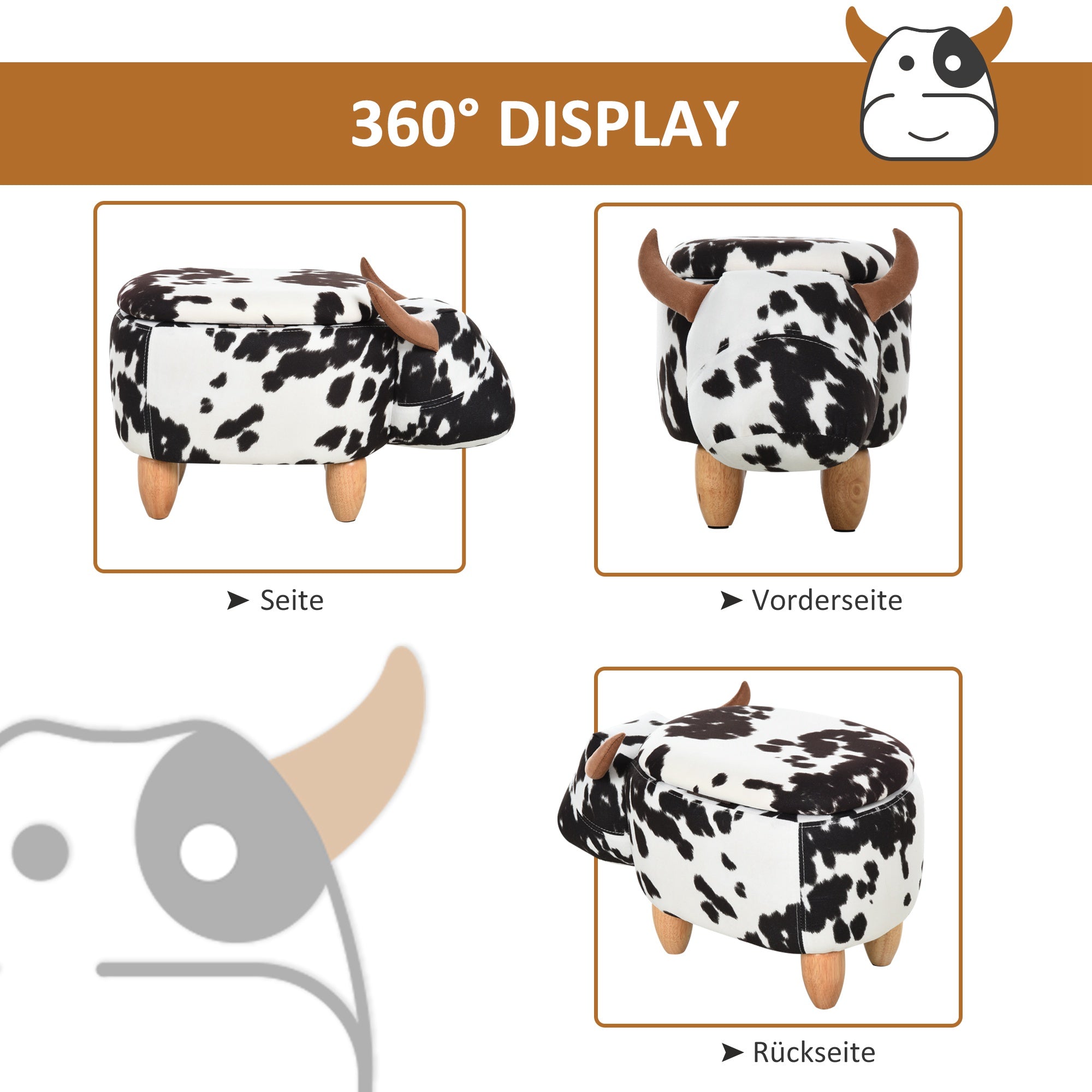 Animal Stool, Decorative Stool with Storage Space, Padded Stool, Seating Bench with Animal Design, for Living Room, Pig Footstool, Black+White, 62 x 35 x 36 cm