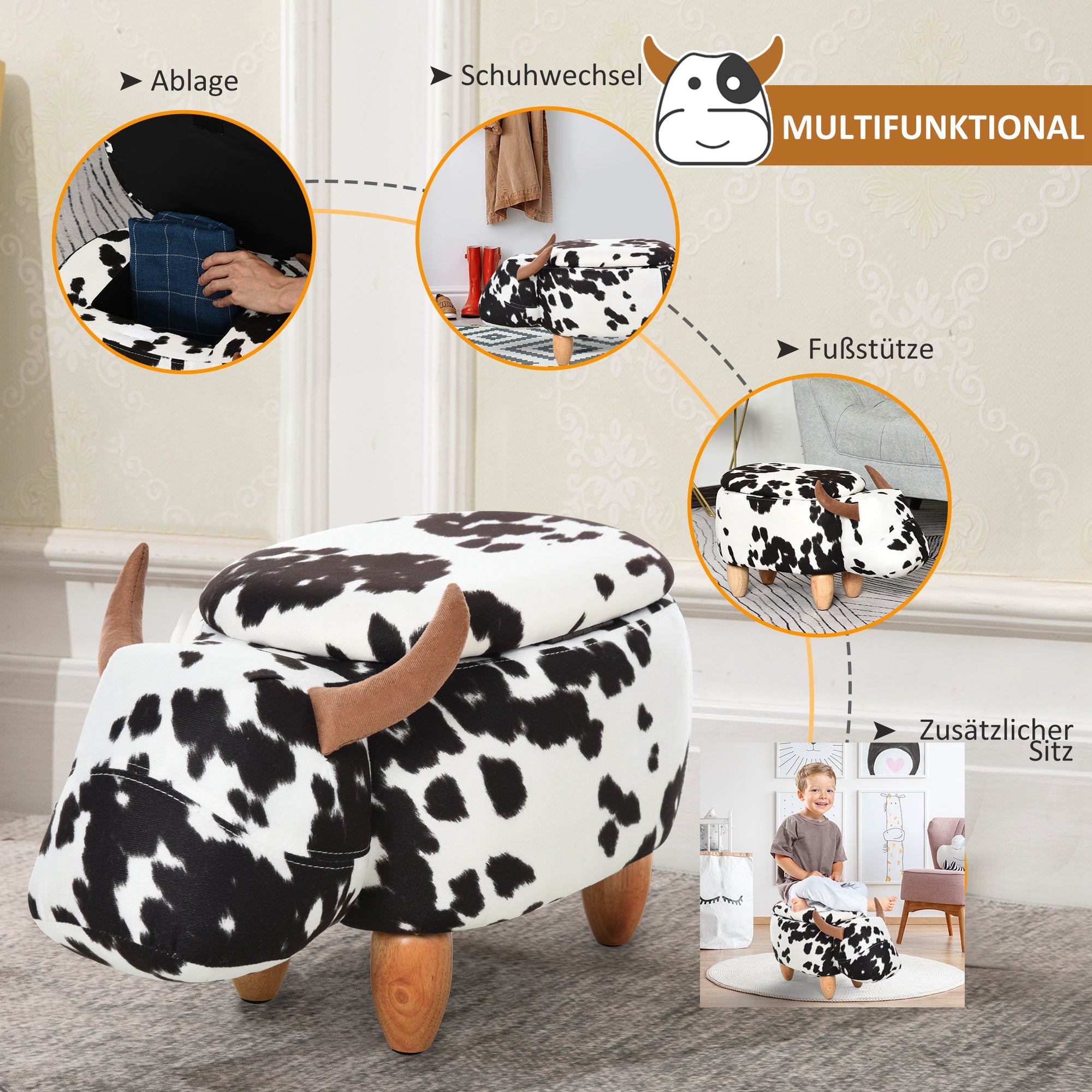 Animal Stool, Decorative Stool with Storage Space, Padded Stool, Seating Bench with Animal Design, for Living Room, Pig Footstool, Black+White, 62 x 35 x 36 cm