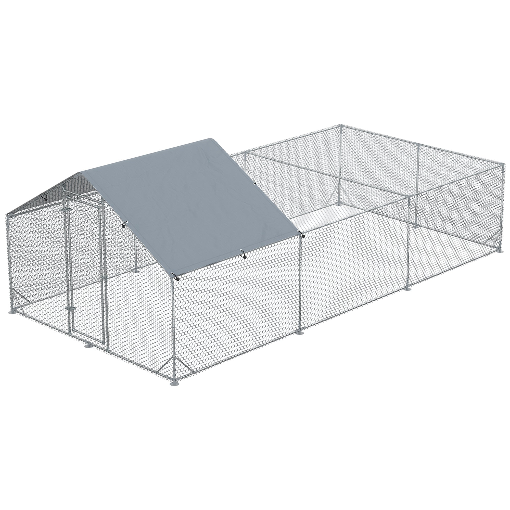Garden Chicken Coop for 15-18 Chickens in Galvanized Steel and PE with Roof and Lock, 600x300x195 cm, Silver