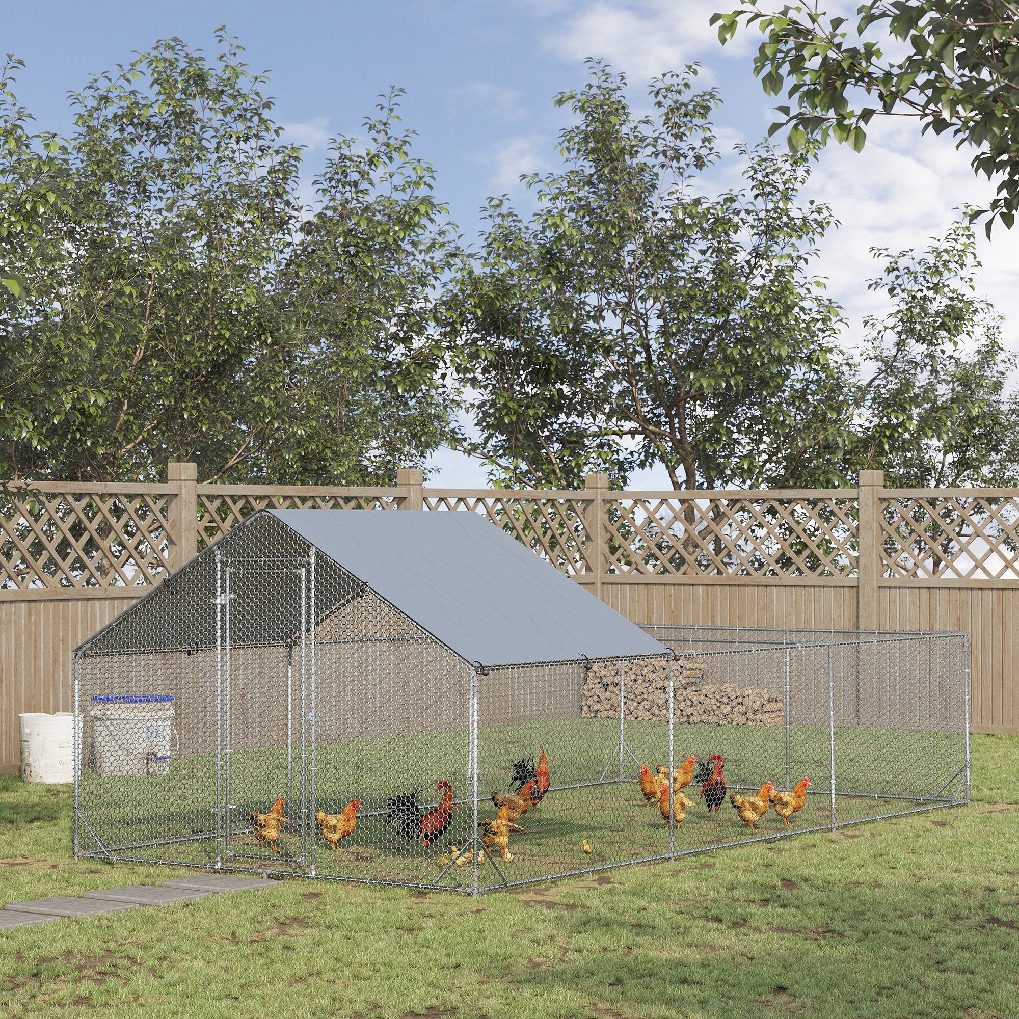 Garden Chicken Coop for 15-18 Chickens in Galvanized Steel and PE with Roof and Lock, 600x300x195 cm, Silver
