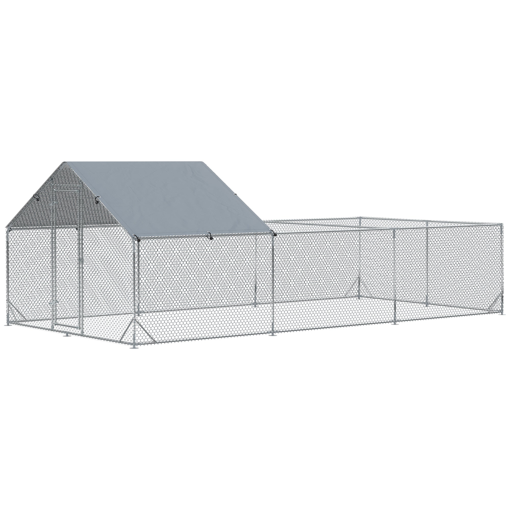 Garden Chicken Coop for 15-18 Chickens in Galvanized Steel and PE with Roof and Lock, 600x300x195 cm, Silver