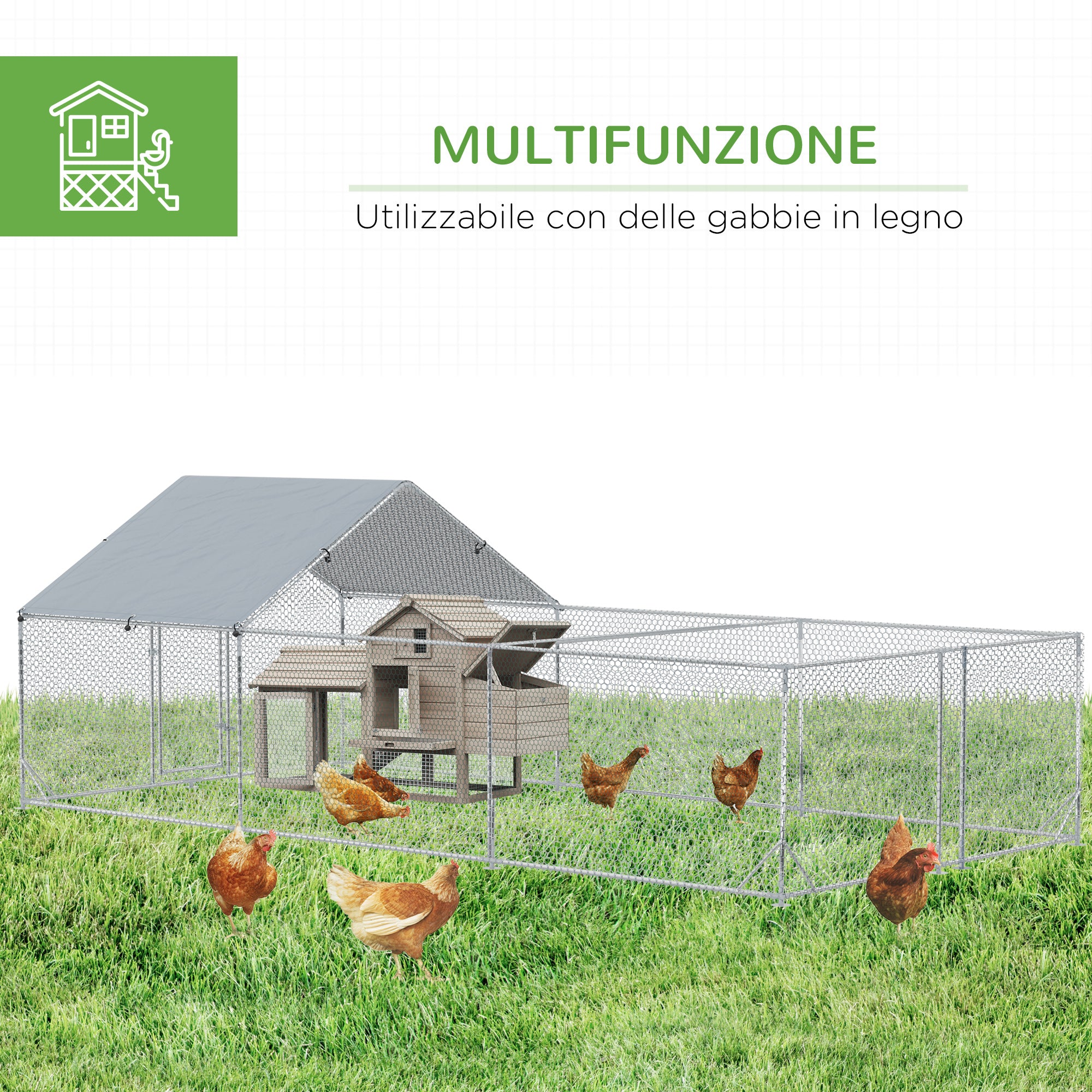 Garden Chicken Coop for 15-18 Chickens in Galvanized Steel and PE with Roof and Lock, 600x300x195 cm, Silver