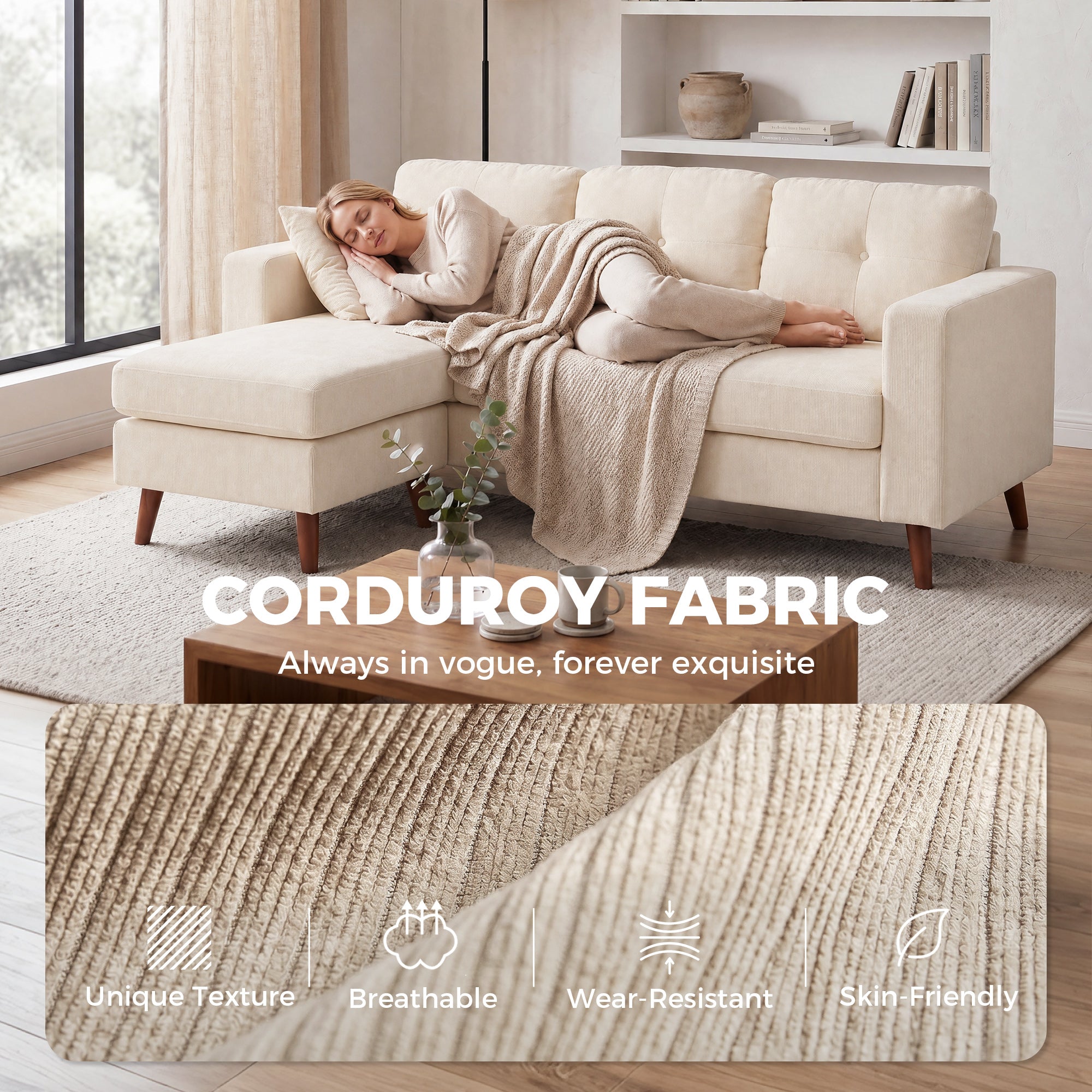 3-Seater L-Shape Corner Sofa with Reversible Chaise, Cord-Look Upholstery — Cream White (76" x 54" x 33")