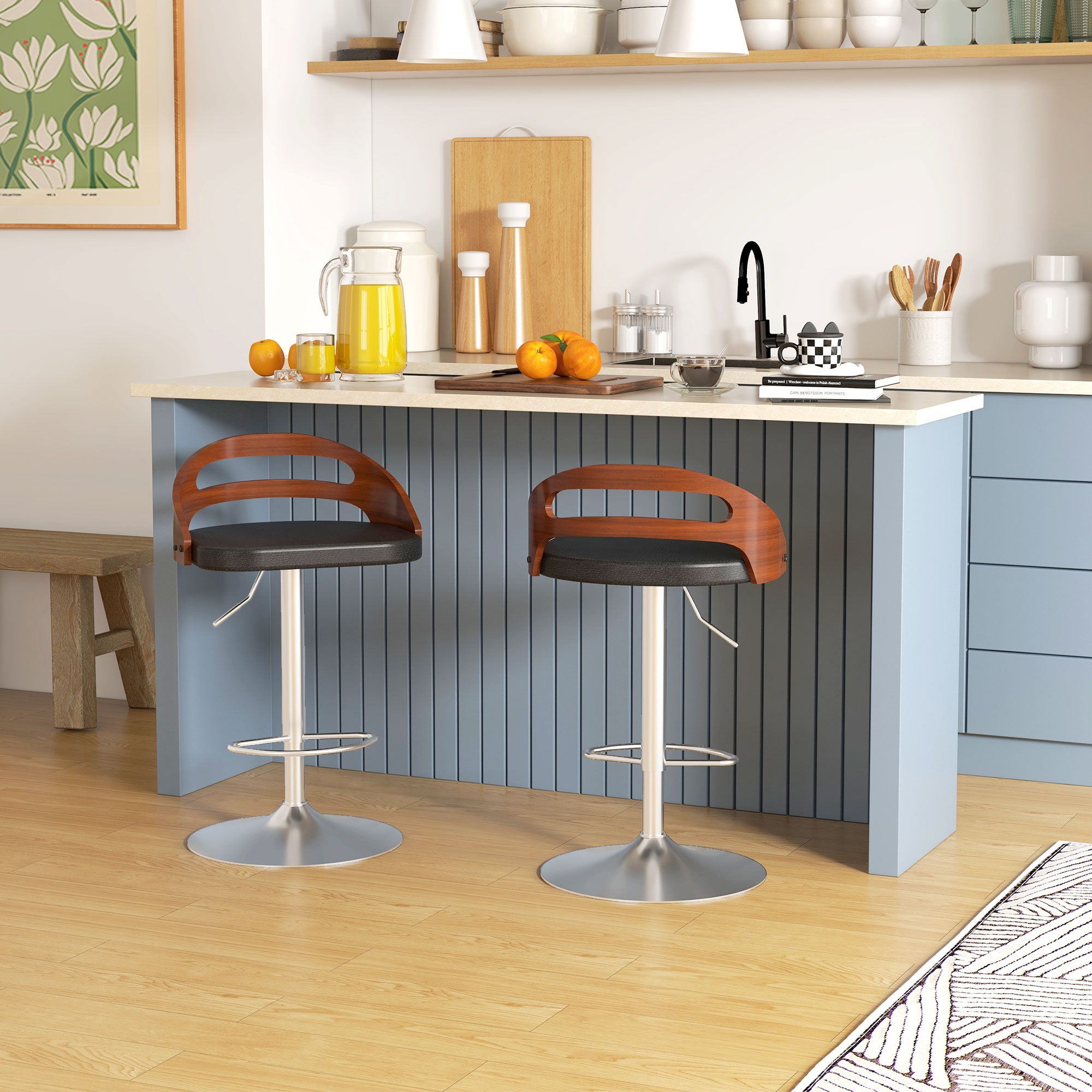 Set of 2 Contemporary Design Bar Stools Adjustable Seat Height 360° Swivel Black Synthetic Coating Perforated Wood-like Backrest