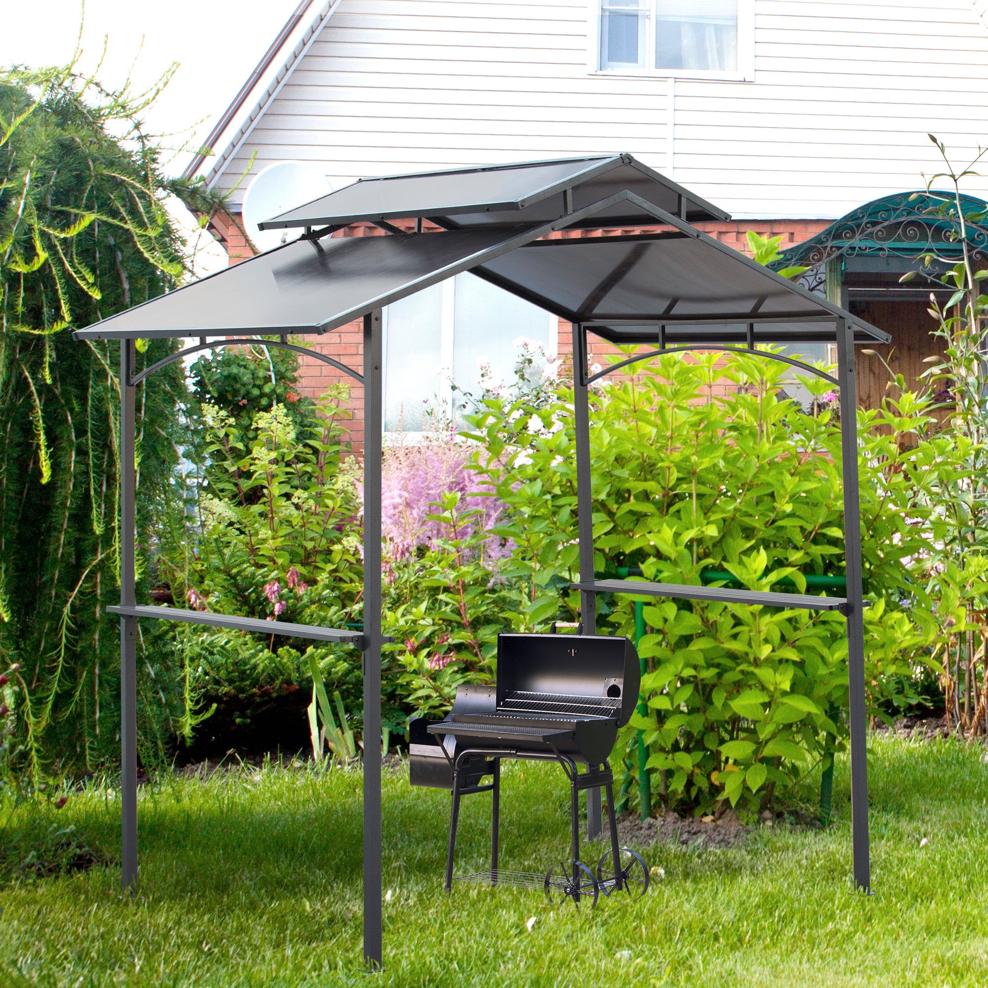 Barbecue Pavilion with Flame-Retardant Roof BBQ Pavilion with 2 Shelves 2.5 x 1.5m Steel PC Black+Brown