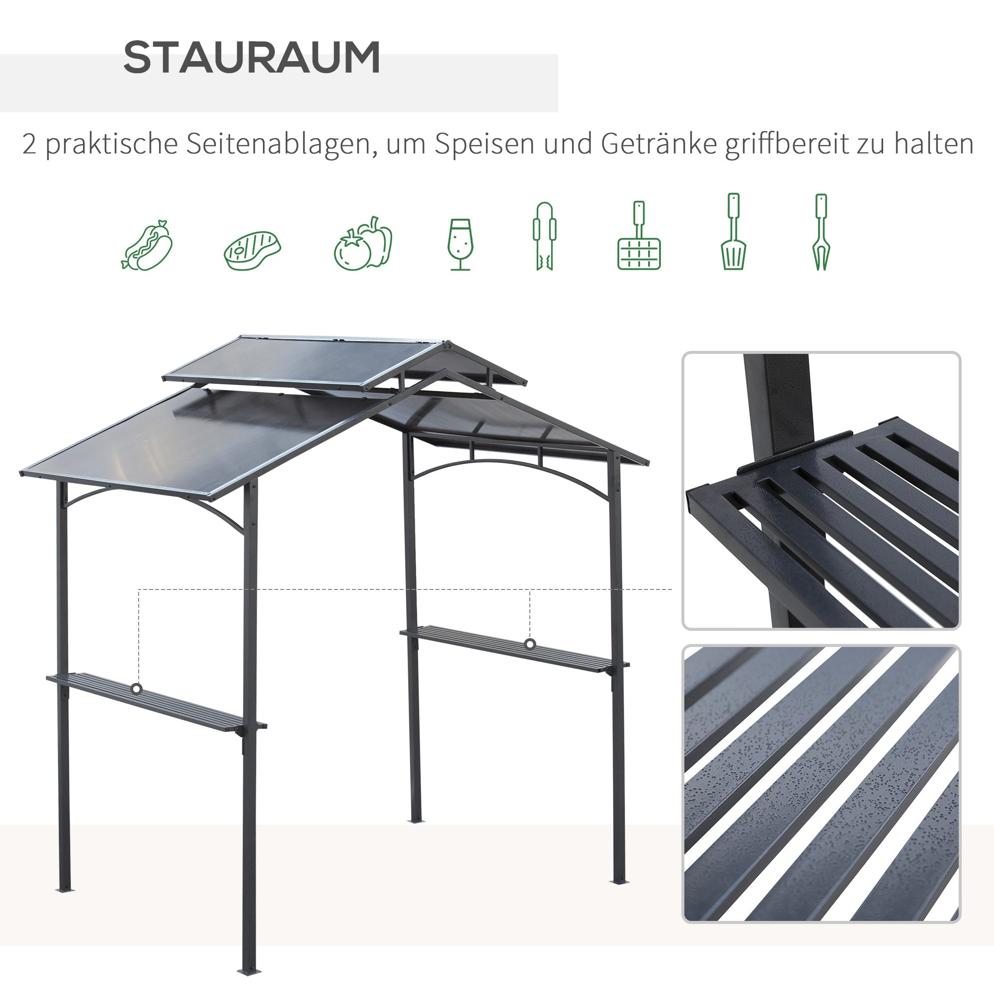 Barbecue Pavilion with Flame-Retardant Roof BBQ Pavilion with 2 Shelves 2.5 x 1.5m Steel PC Black+Brown