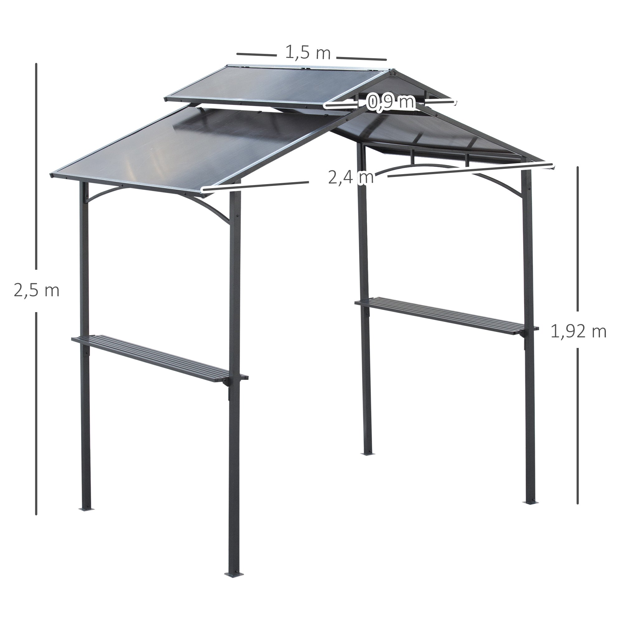 Barbecue Pavilion with Flame-Retardant Roof BBQ Pavilion with 2 Shelves 2.5 x 1.5m Steel PC Black+Brown