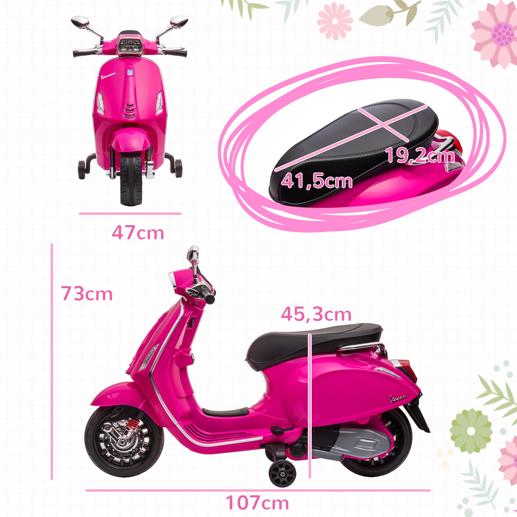 Electric Kids Motorcycle for +3 Years Old with Vespa Licensed Battery Powered Kids Motorcycle 6V with USB MP3 LED Light FM Radio Speed 3 km/h Load 35 kg Pink