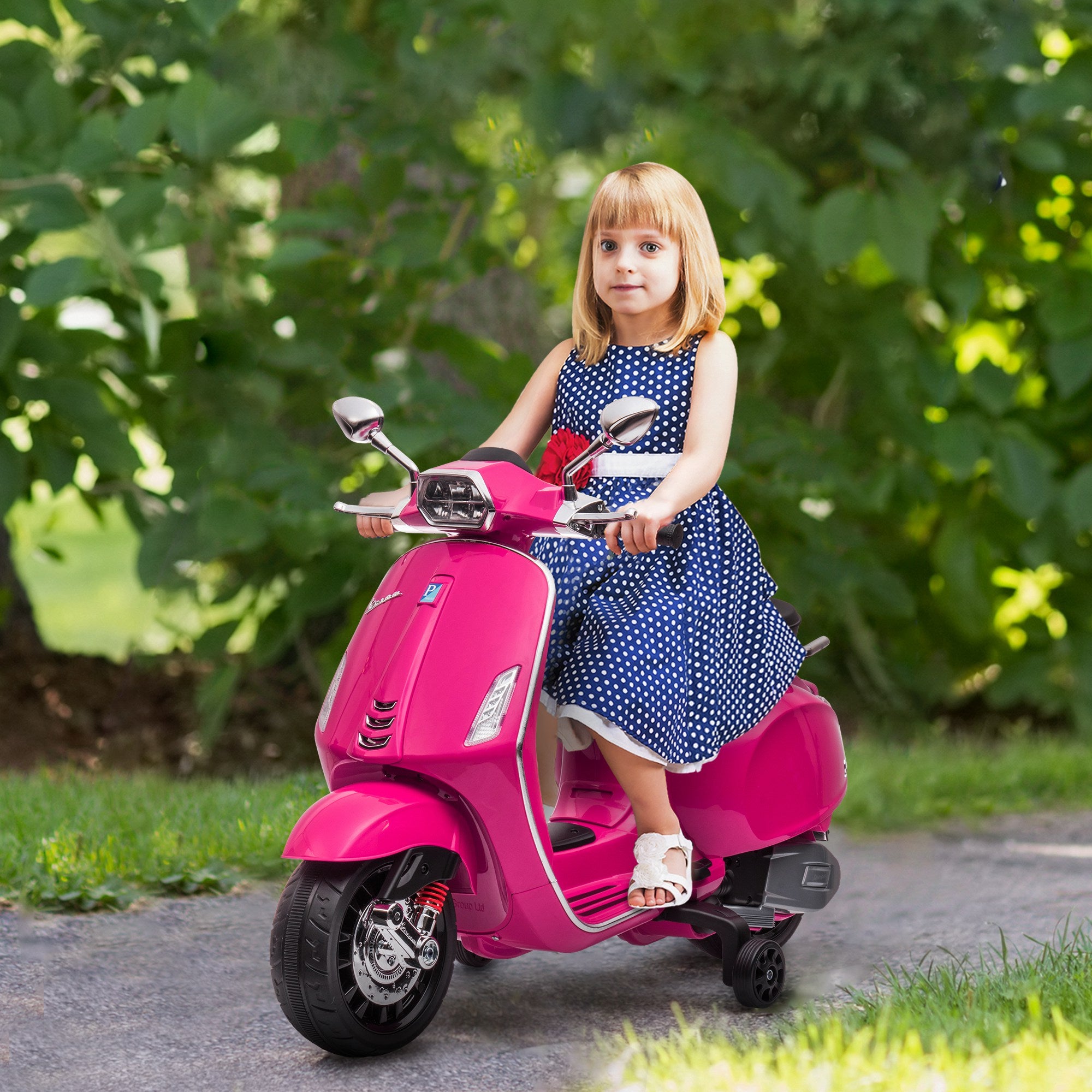 Electric Kids Motorcycle for +3 Years Old with Vespa Licensed Battery Powered Kids Motorcycle 6V with USB MP3 LED Light FM Radio Speed 3 km/h Load 35 kg Pink