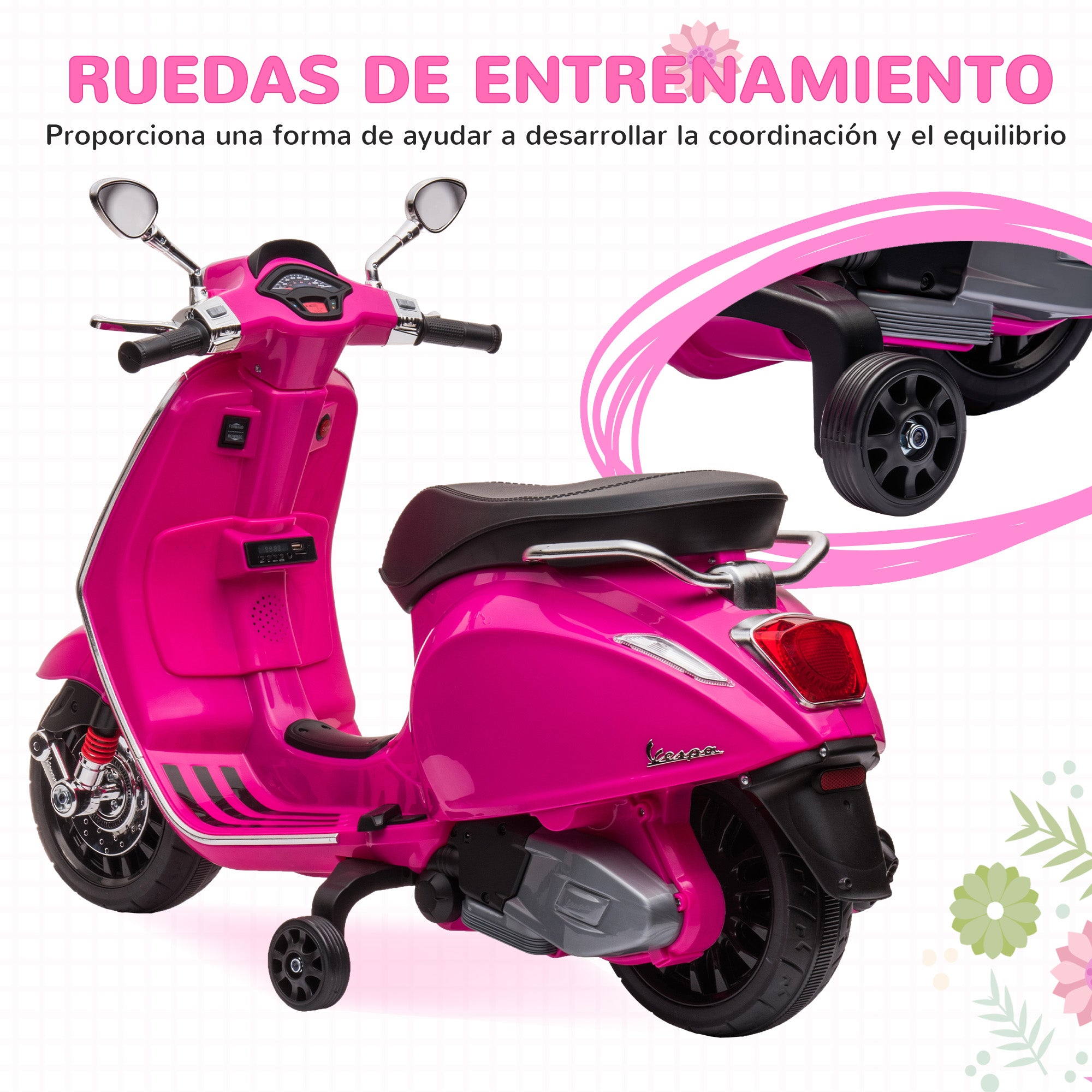 Electric Kids Motorcycle for +3 Years Old with Vespa Licensed Battery Powered Kids Motorcycle 6V with USB MP3 LED Light FM Radio Speed 3 km/h Load 35 kg Pink