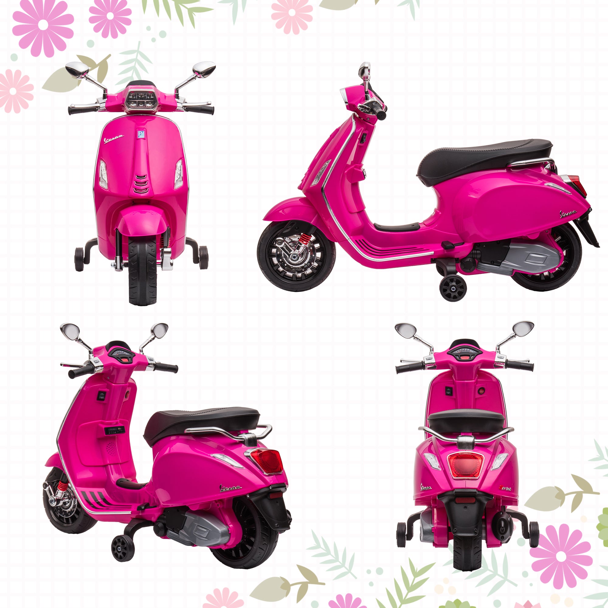 Electric Kids Motorcycle for +3 Years Old with Vespa Licensed Battery Powered Kids Motorcycle 6V with USB MP3 LED Light FM Radio Speed 3 km/h Load 35 kg Pink
