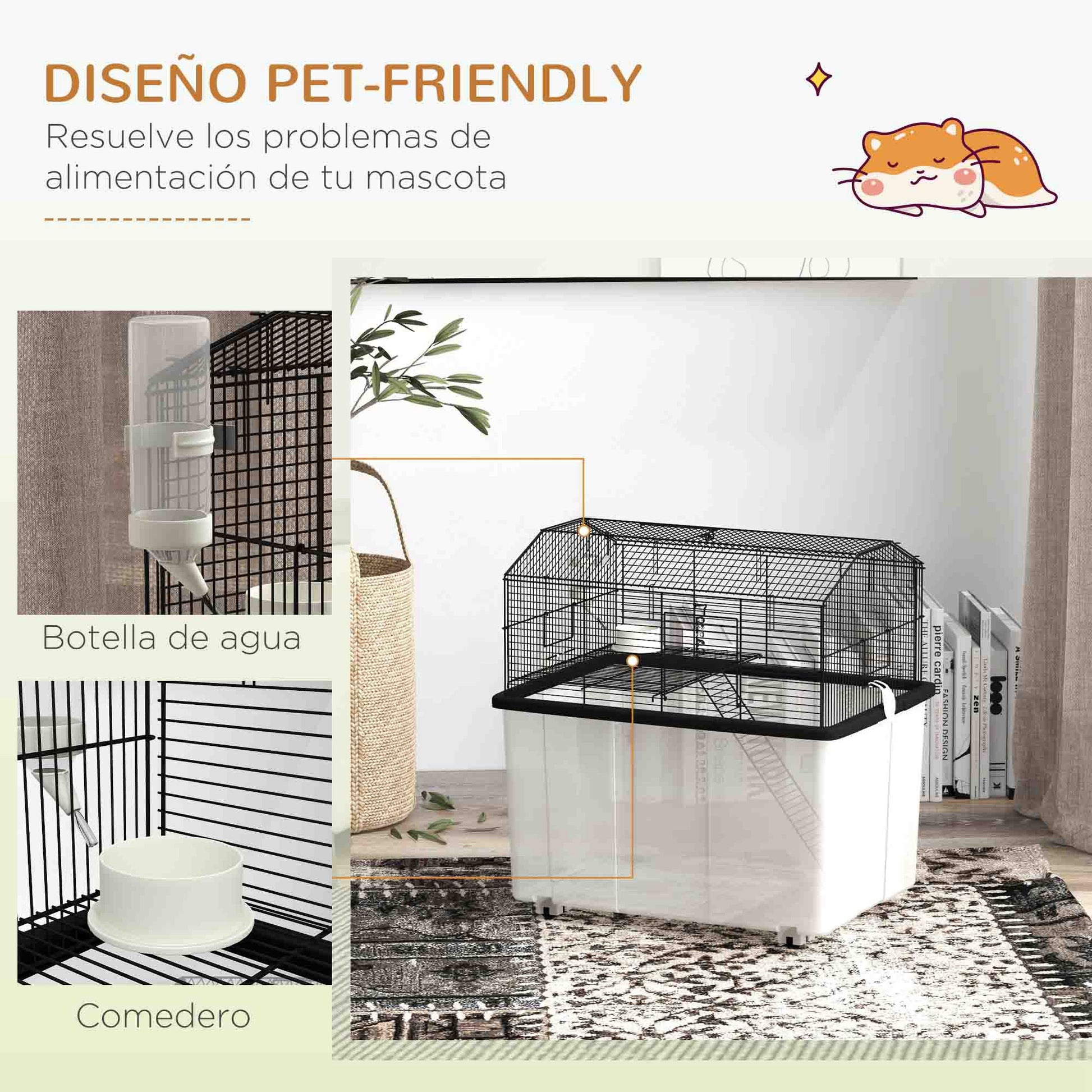 Hamster Cage Small Animal House with Deep Base Platform Bowl Drinker Ramp and Wheels 57x43x57 cm Black