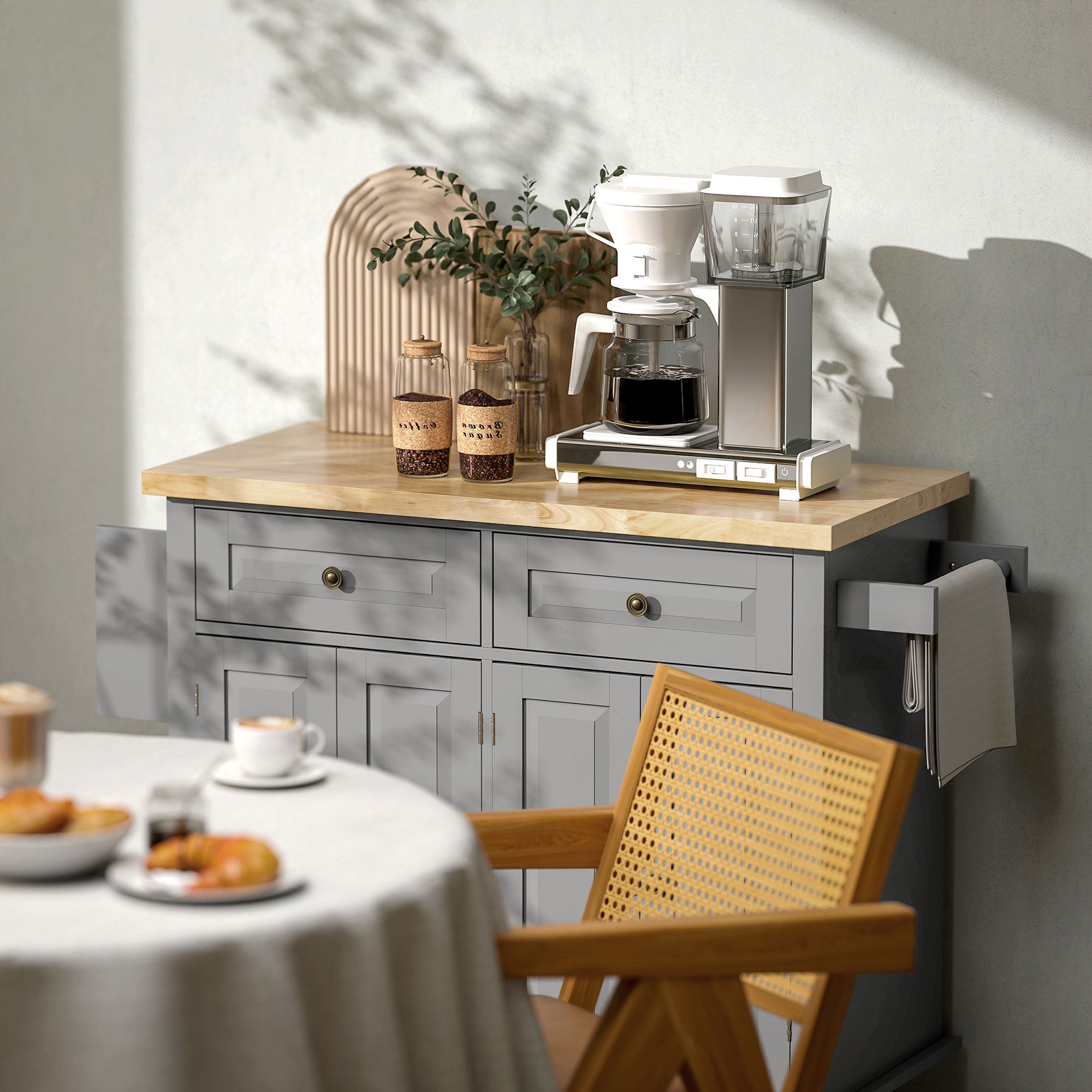 Kitchen Island with Wheels Kitchen Cart with 2 Drawers 4 Doors Spice Rack Wooden Countertop Adjustable Shelf and Side Bar for Dining 111x44.5x82.5 cm Gray