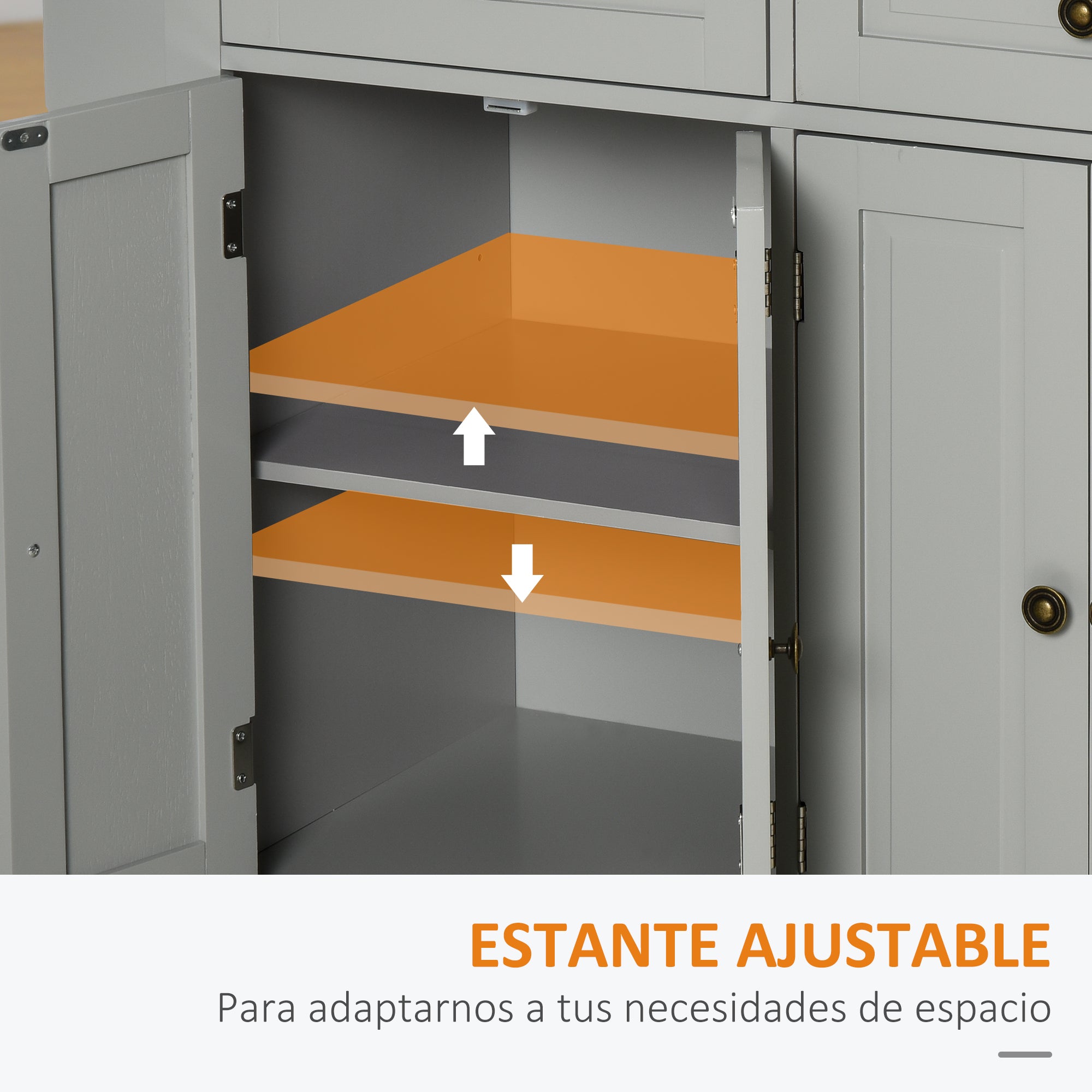 Kitchen Island with Wheels Kitchen Cart with 2 Drawers 4 Doors Spice Rack Wooden Countertop Adjustable Shelf and Side Bar for Dining 111x44.5x82.5 cm Gray