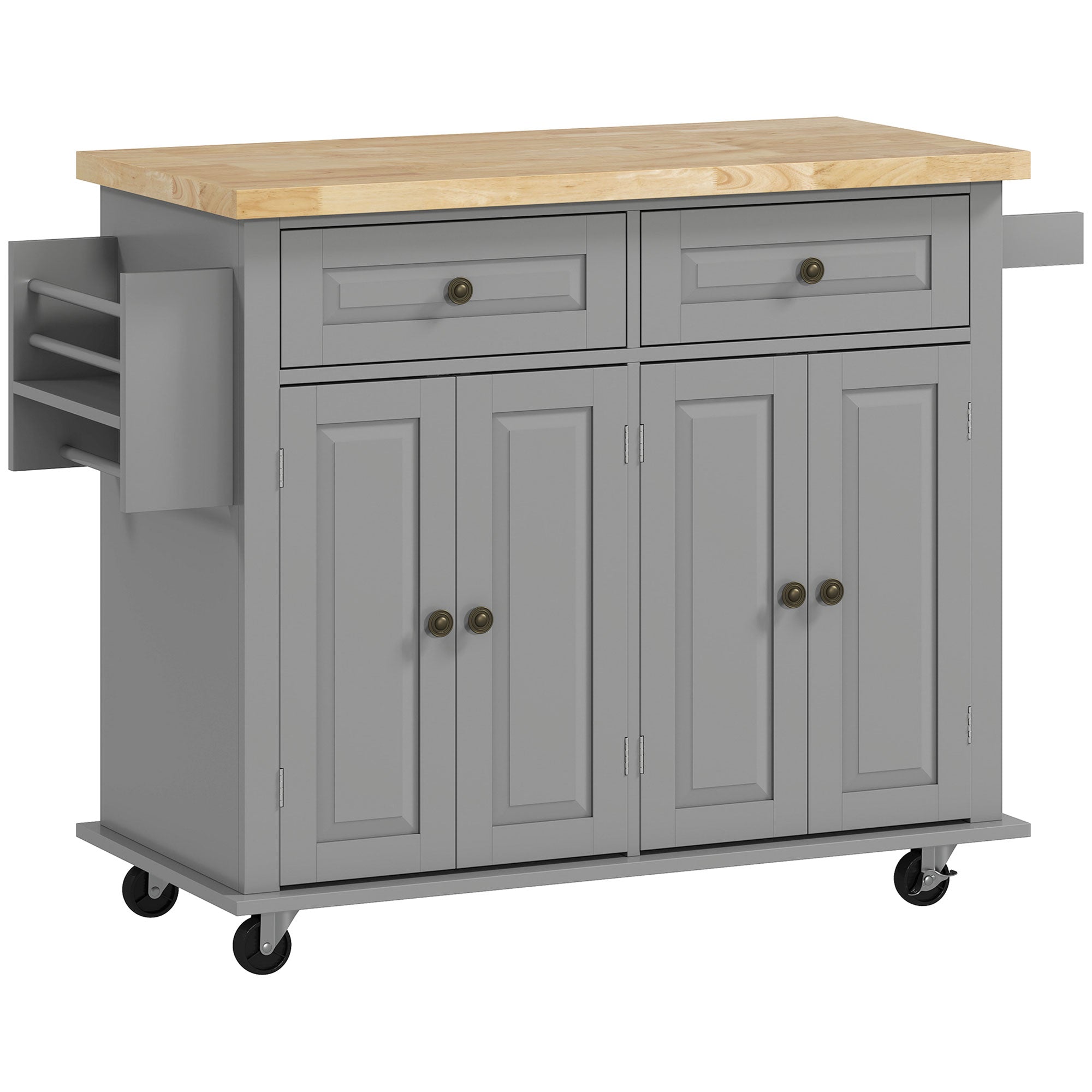 Kitchen Island with Wheels Kitchen Cart with 2 Drawers 4 Doors Spice Rack Wooden Countertop Adjustable Shelf and Side Bar for Dining 111x44.5x82.5 cm Gray