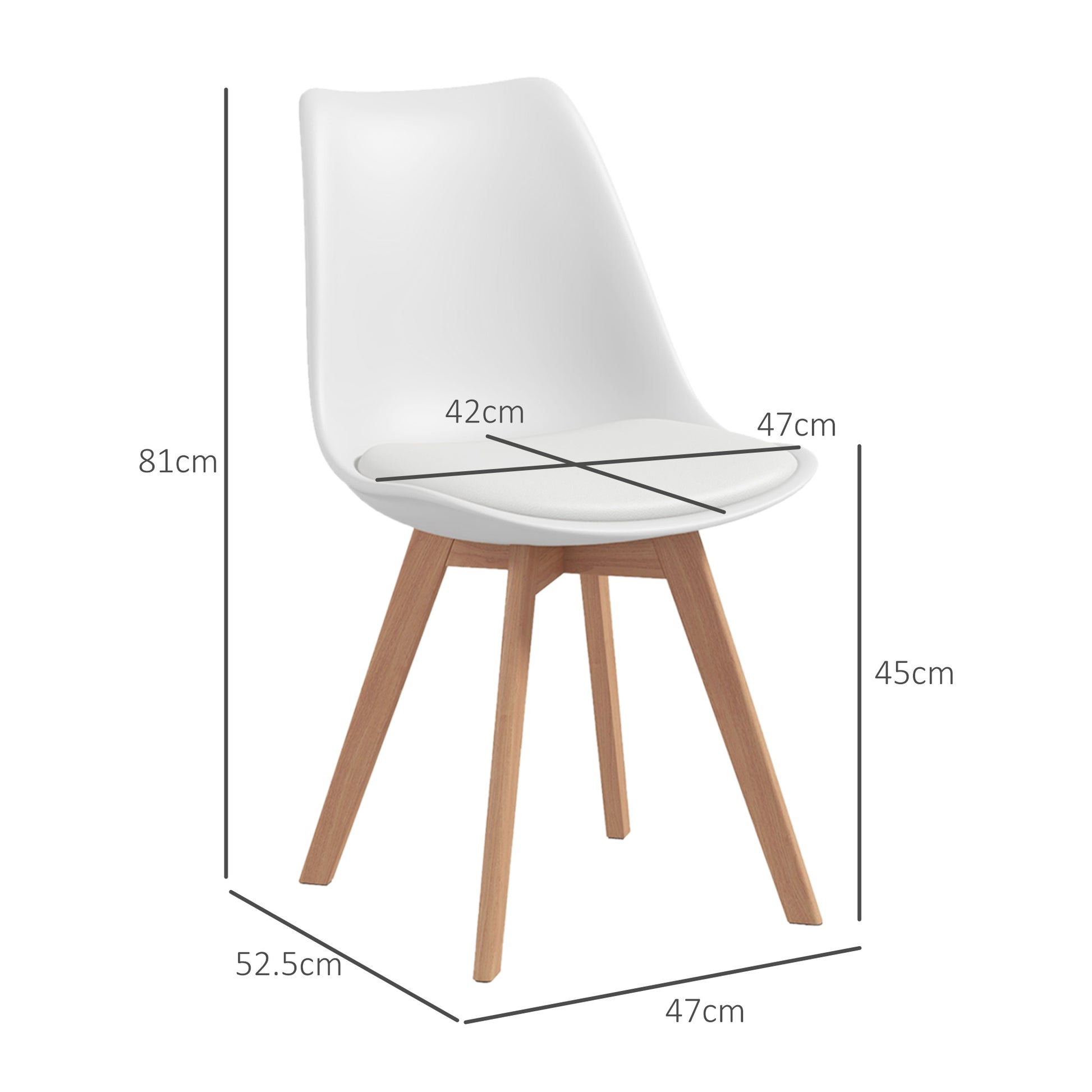 Set of 4 Scandinavian Style Dining Chairs, Kitchen Chairs in Plastic with Wood Legs and Faux Leather Cushion, White