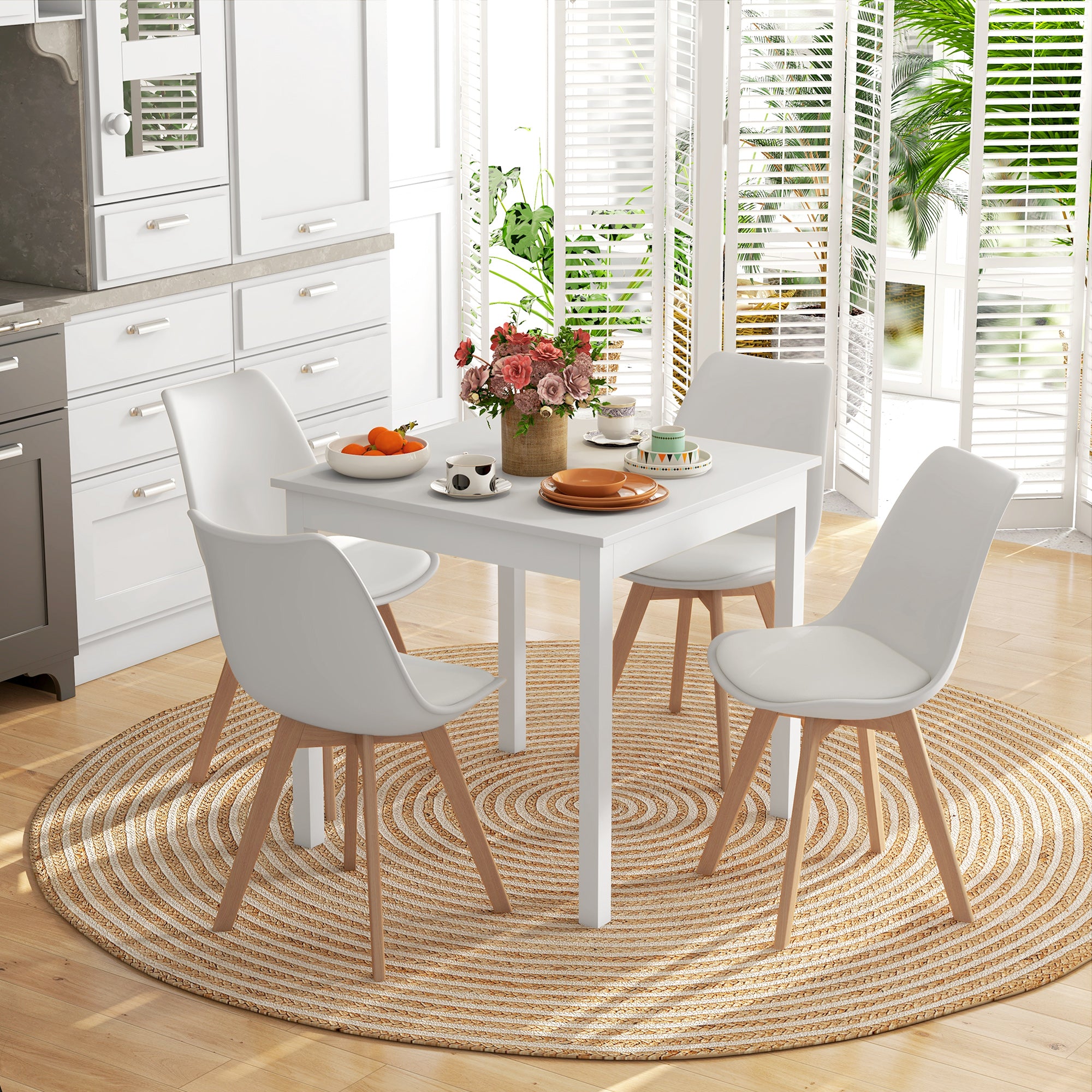Set of 4 Scandinavian Style Dining Chairs, Kitchen Chairs in Plastic with Wood Legs and Faux Leather Cushion, White