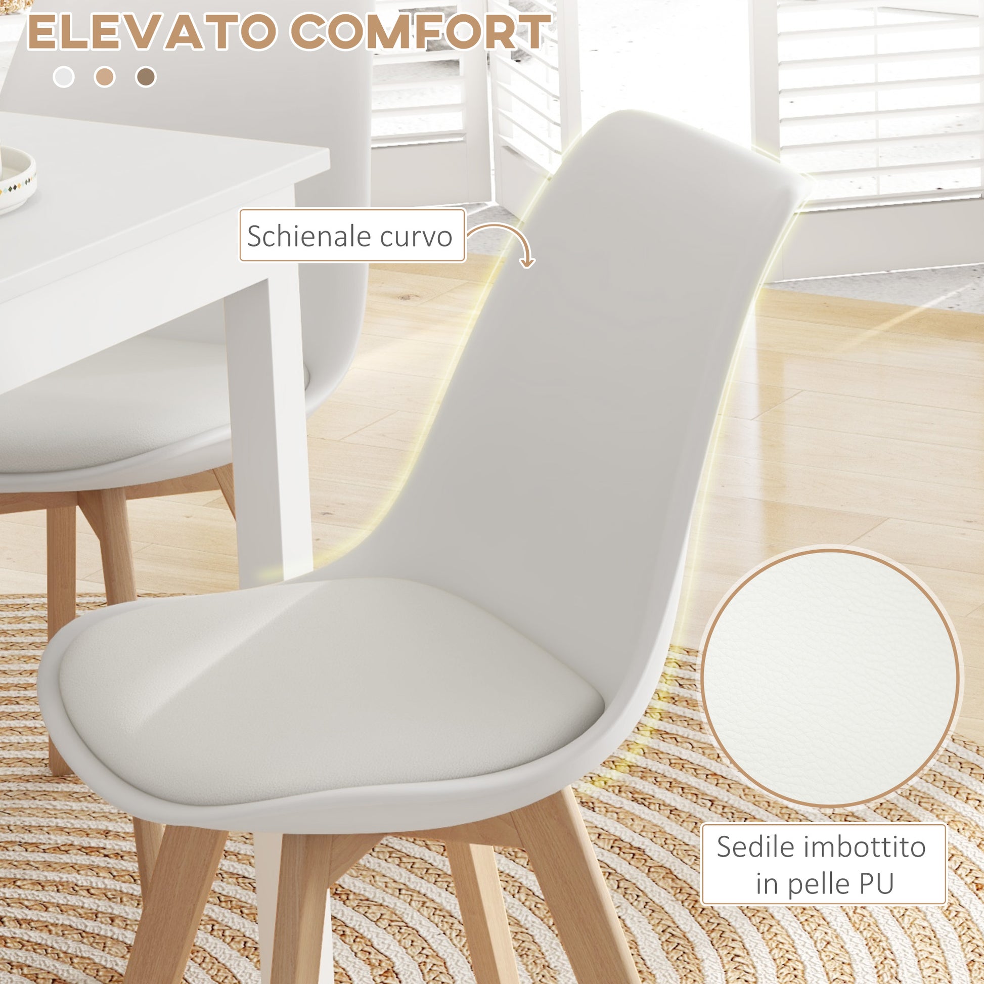 Set of 4 Scandinavian Style Dining Chairs, Kitchen Chairs in Plastic with Wood Legs and Faux Leather Cushion, White