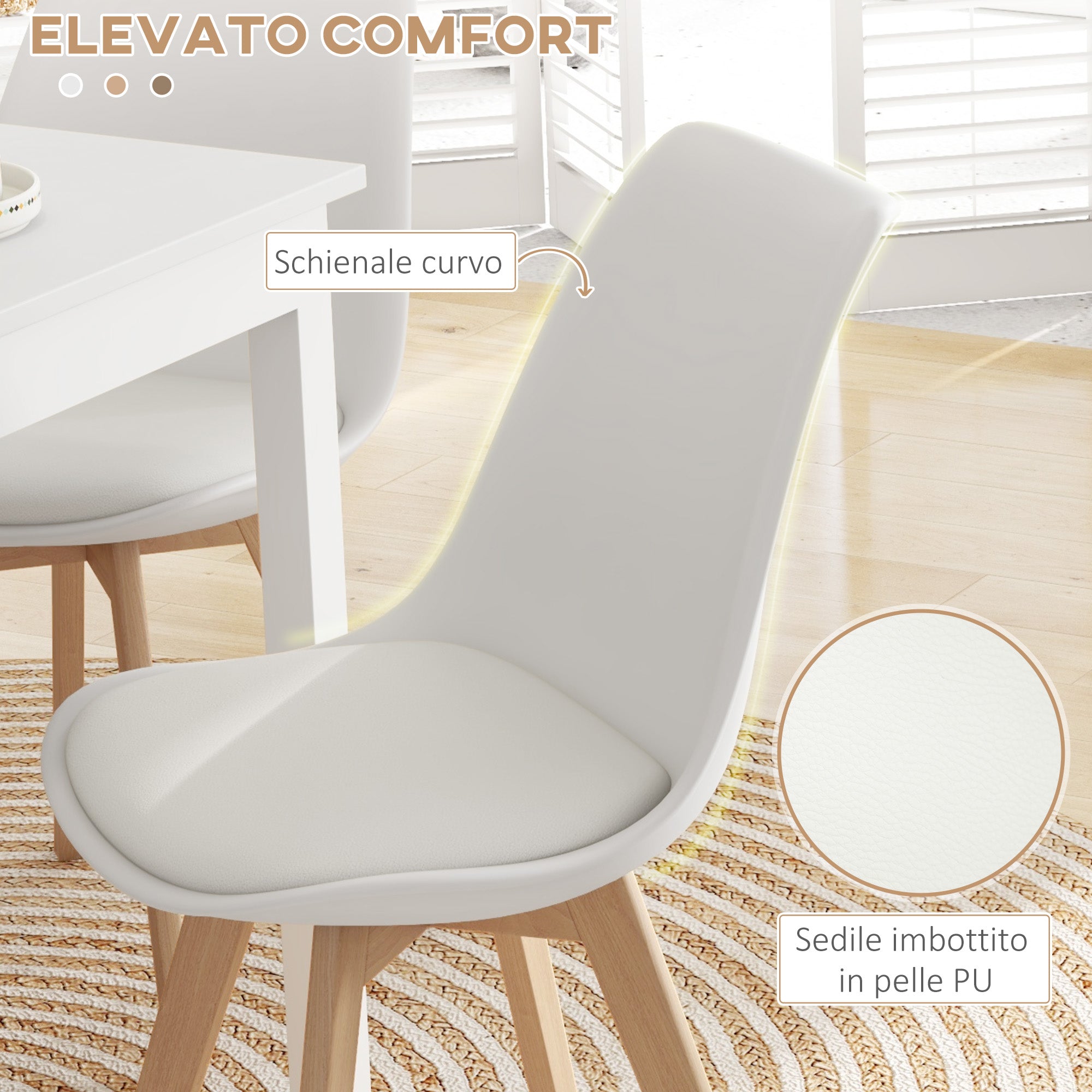 Set of 4 Scandinavian Style Dining Chairs, Kitchen Chairs in Plastic with Wood Legs and Faux Leather Cushion, White