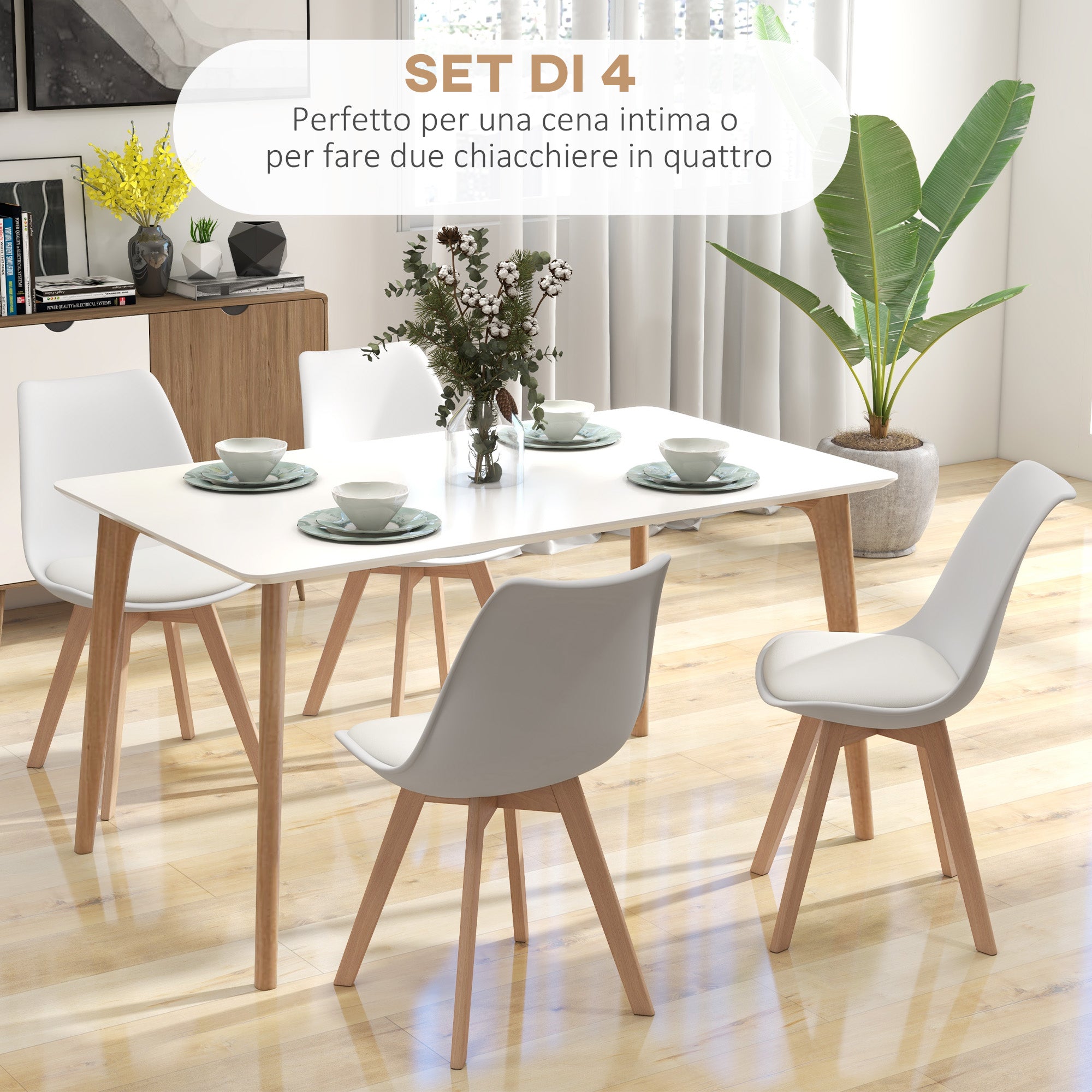 Set of 4 Scandinavian Style Dining Chairs, Kitchen Chairs in Plastic with Wood Legs and Faux Leather Cushion, White