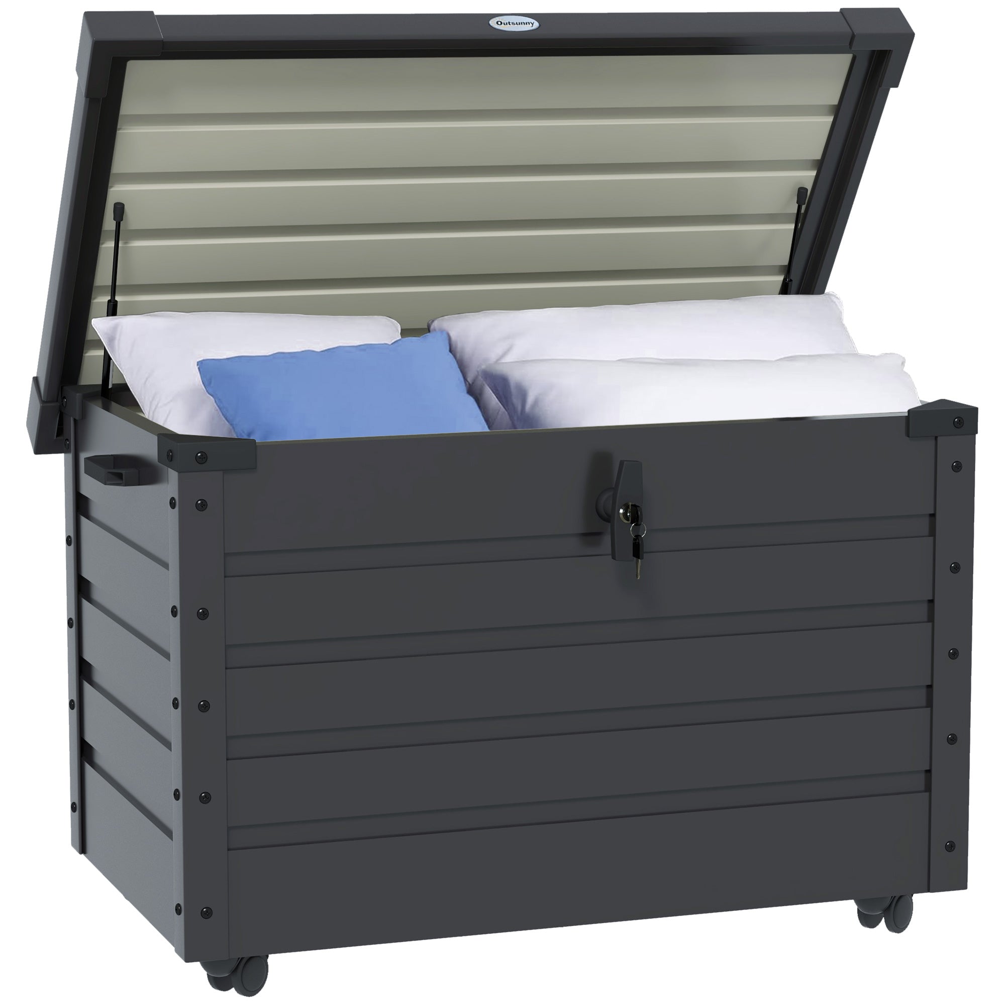 295L Garden Storage Box with Lock, 2 Handles, and 4 Wheels, Galvanized Steel Storage Unit, 100x62x65 cm, Dark Gray